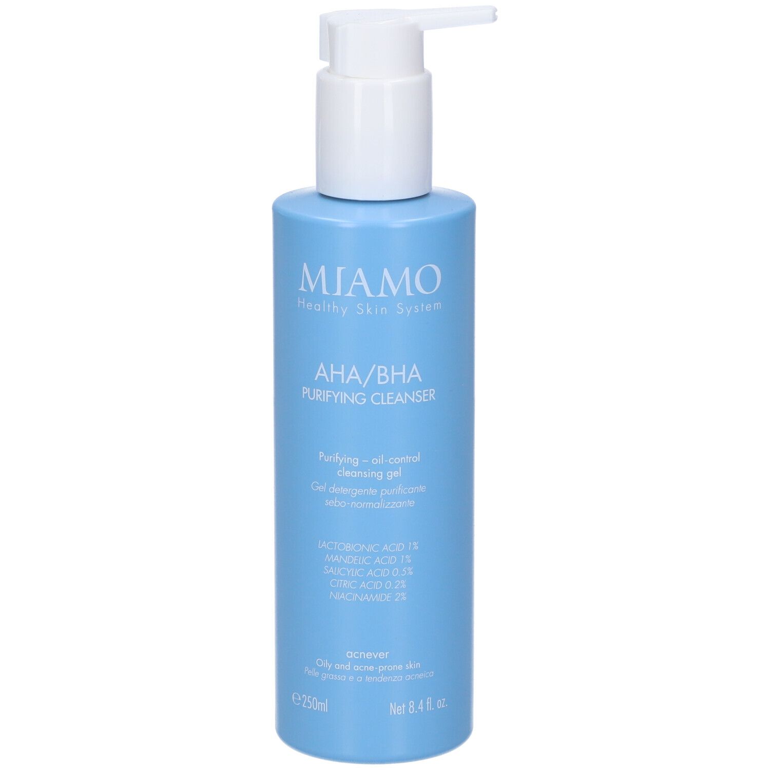 Flacone azzurro con dosatore. Scritta: MIAMO AHA/BHA Purifying Cleanser. Contiene ingredienti come acido lattico e citrico.