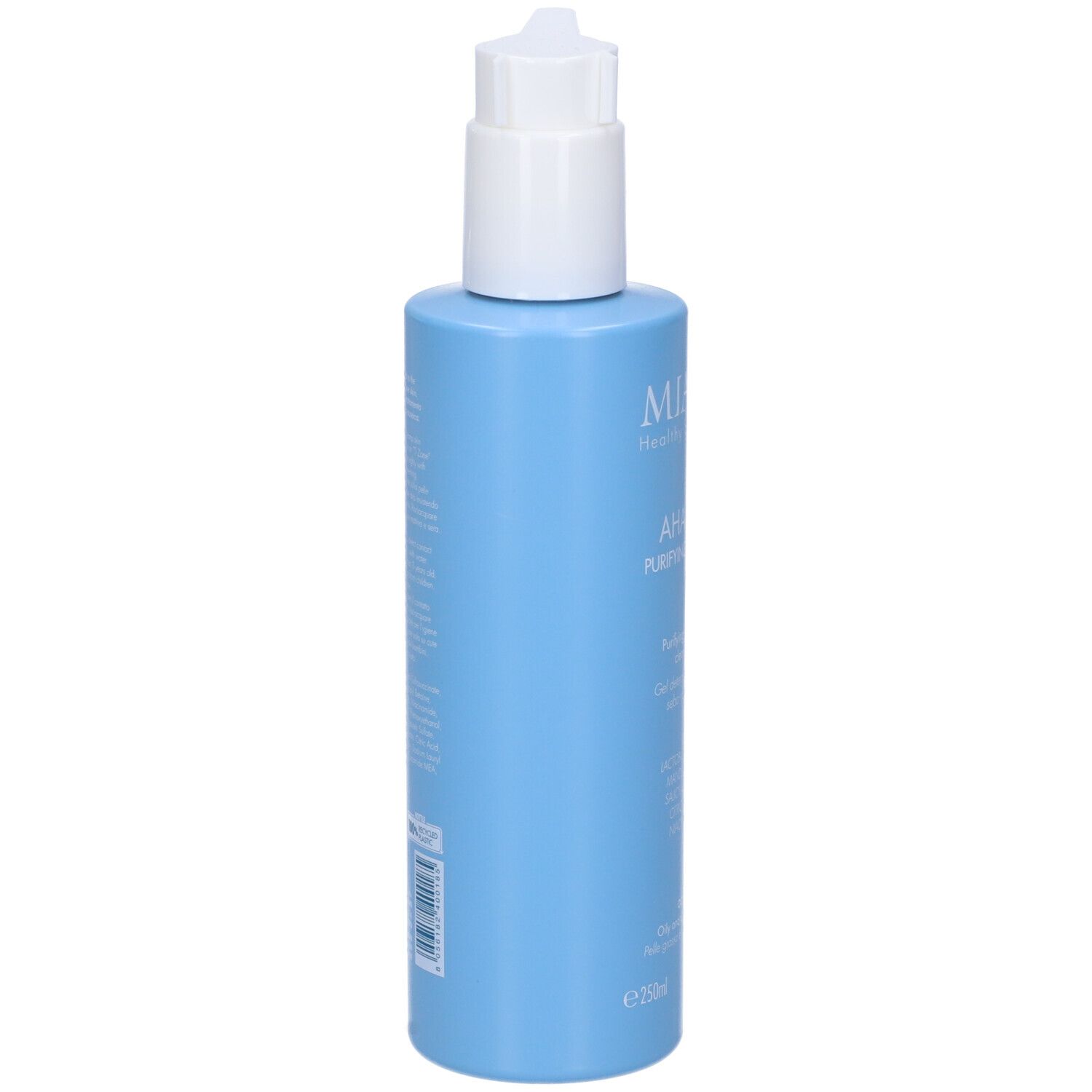 Flacone azzurro con dosatore. Scritta: MIAMO AHA/BHA Purifying Cleanser. Contiene ingredienti come acido lattico e citrico.