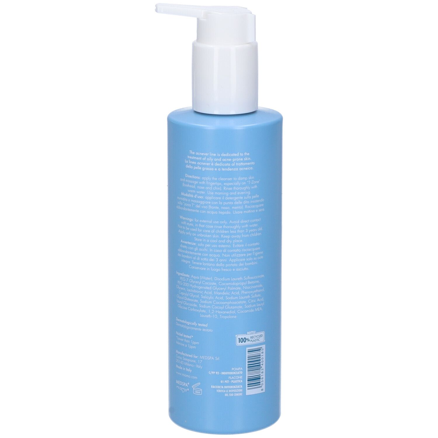 Flacone azzurro con dosatore. Scritta: MIAMO AHA/BHA Purifying Cleanser. Contiene ingredienti come acido lattico e citrico.
