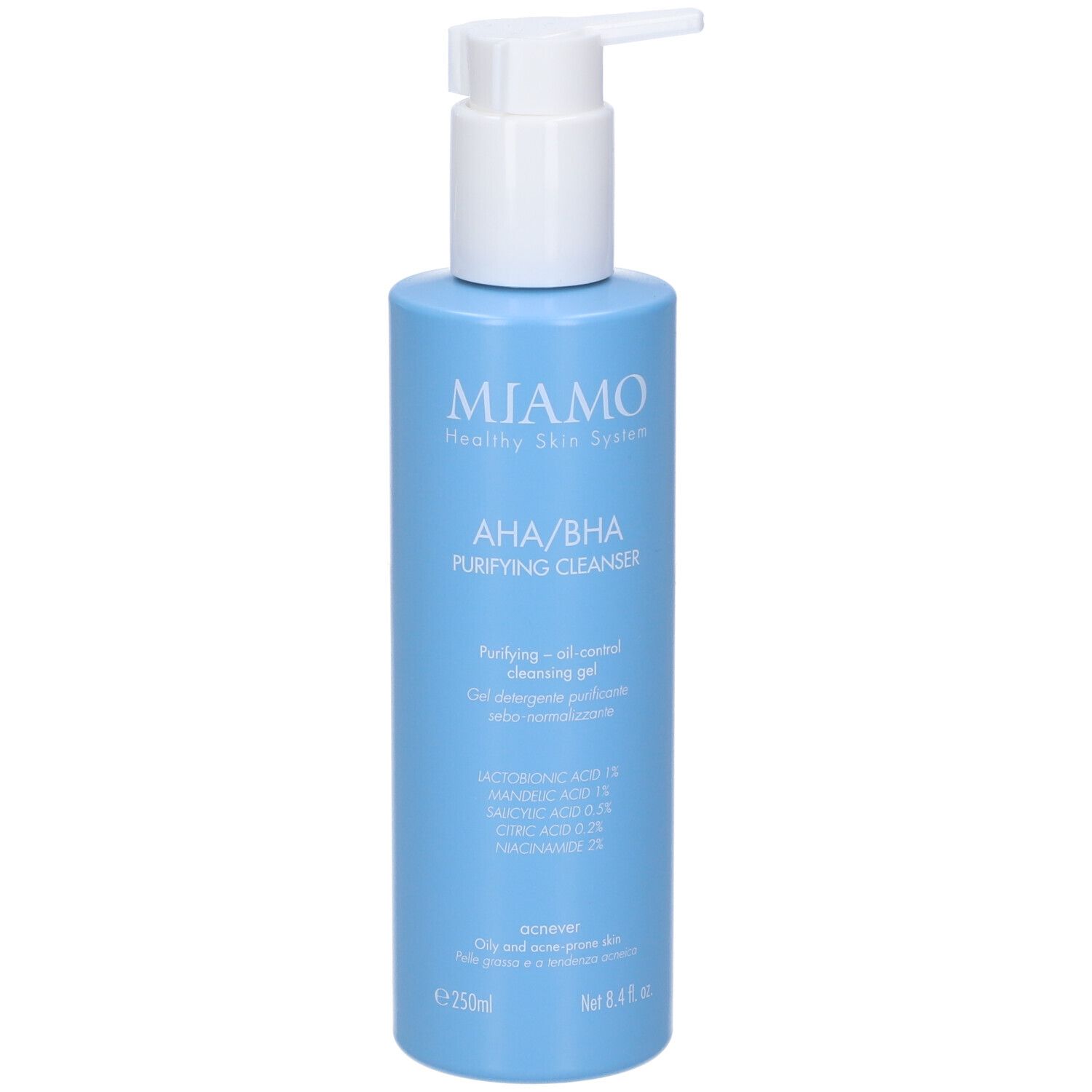 Flacone azzurro con dosatore. Scritta: MIAMO AHA/BHA Purifying Cleanser. Contiene ingredienti come acido lattico e citrico.
