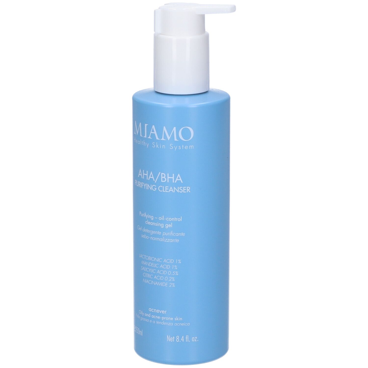 Flacone azzurro con dosatore. Scritta: MIAMO AHA/BHA Purifying Cleanser. Contiene ingredienti come acido lattico e citrico.