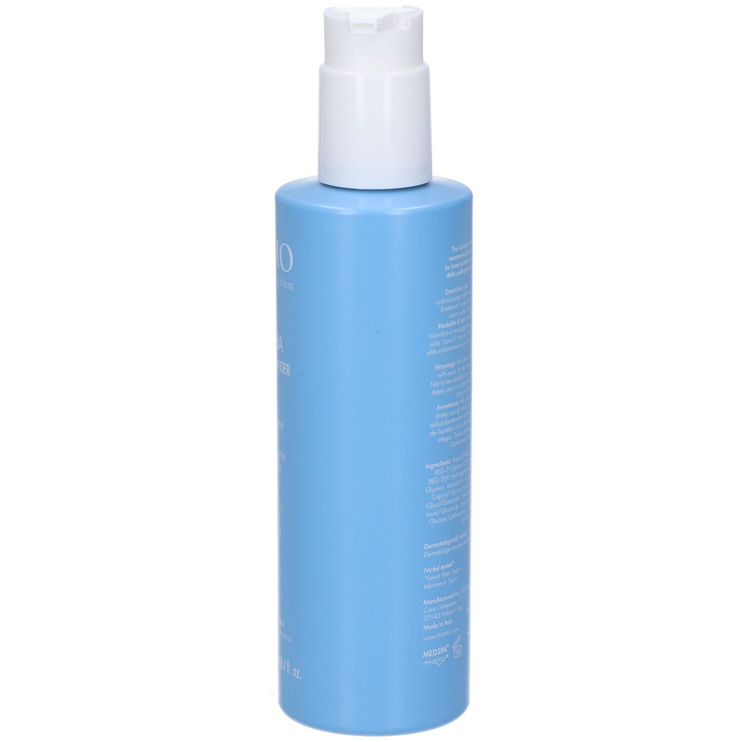 Flacone azzurro con dosatore. Scritta: MIAMO AHA/BHA Purifying Cleanser. Contiene ingredienti come acido lattico e citrico.