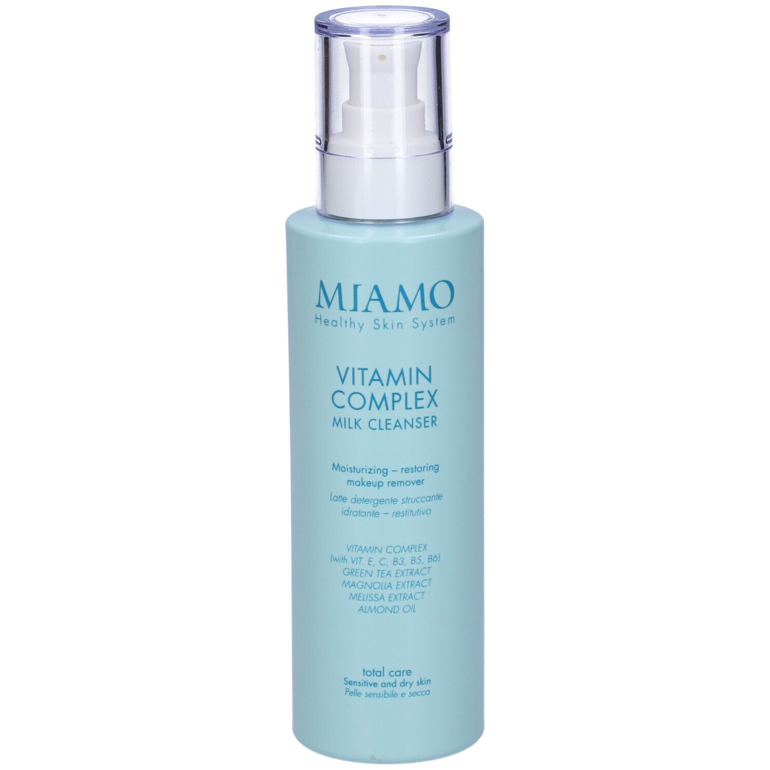 Flacone azzurro con dosatore. Scritta: MIAMO, Vitamin Complex Milk Cleanser. Contiene Vitamina C, E, B5, estratto di tè verde.
