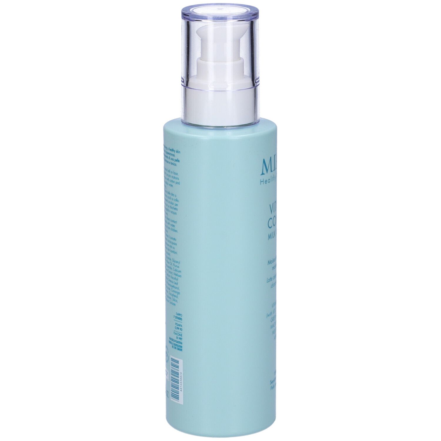 Flacone azzurro con dosatore. Scritta: MIAMO, Vitamin Complex Milk Cleanser. Contiene Vitamina C, E, B5, estratto di tè verde.