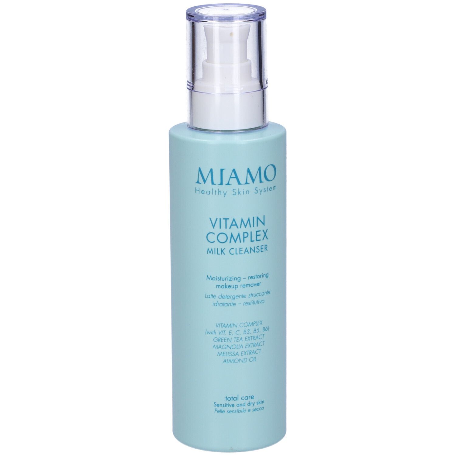 Flacone azzurro con dosatore. Scritta: MIAMO, Vitamin Complex Milk Cleanser. Contiene Vitamina C, E, B5, estratto di tè verde.