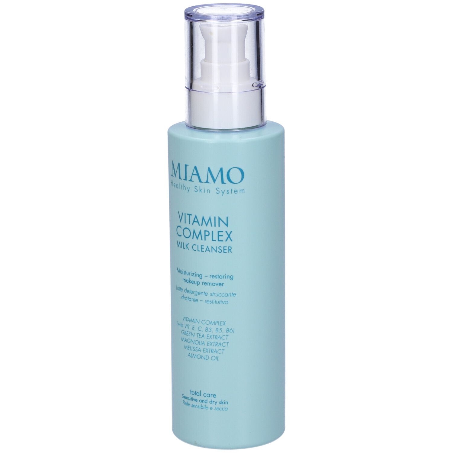 Flacone azzurro con dosatore. Scritta: MIAMO, Vitamin Complex Milk Cleanser. Contiene Vitamina C, E, B5, estratto di tè verde.
