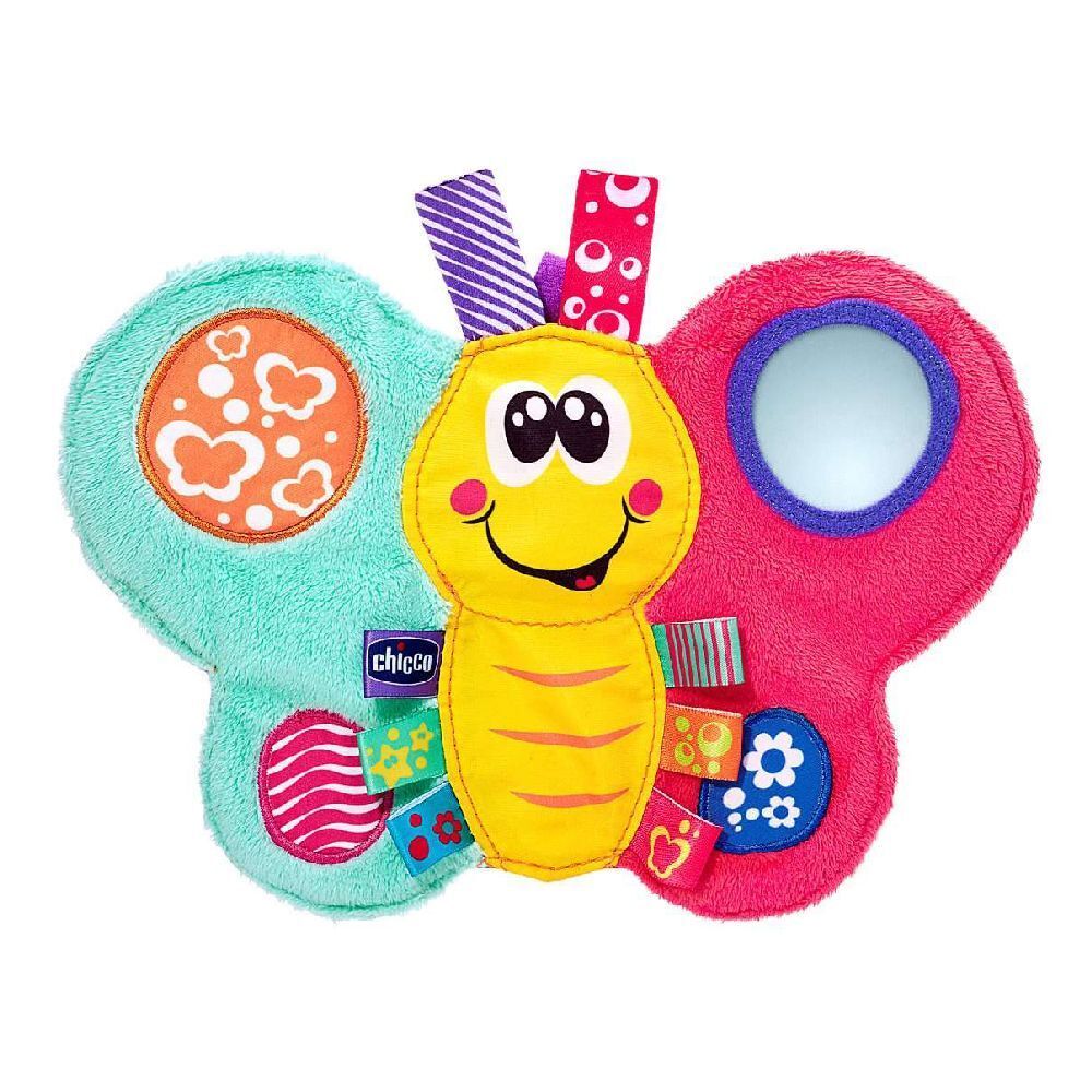 Un giocattolo a forma di farfalla colorata. Ha un corpo giallo, ali blu, rosa e verdi. Il giocattolo ha uno specchio e il logo Chicco.