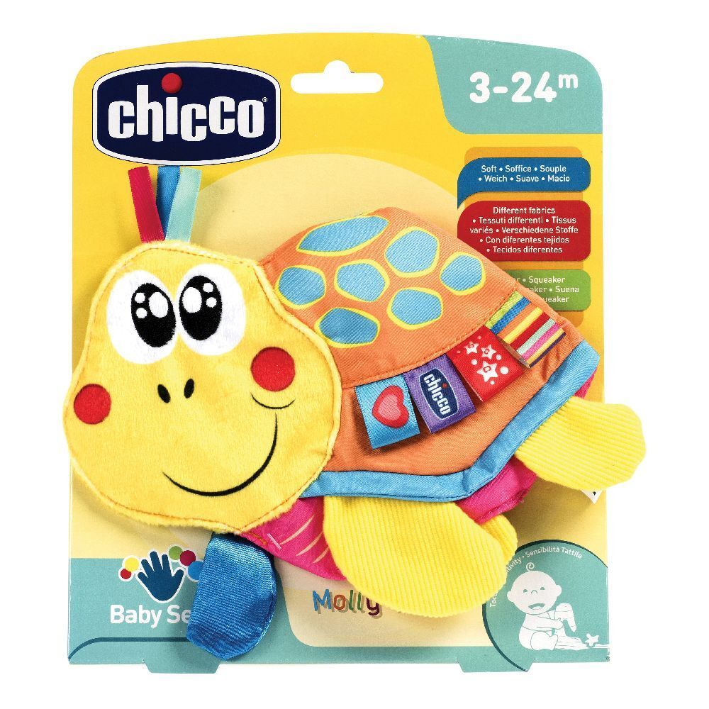 Tartaruga di peluche. Giallo, arancione e blu. Con logo Chicco. Su confezione con indicazione età 3-24m.