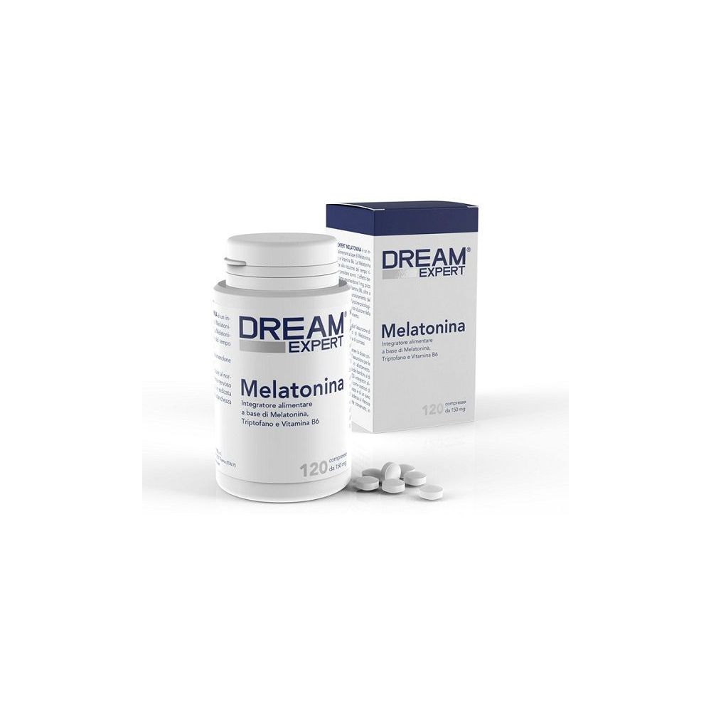Flacone e scatola bianchi con scritta DREAM EXPERT Melatonina. Alcune compresse sono visibili.