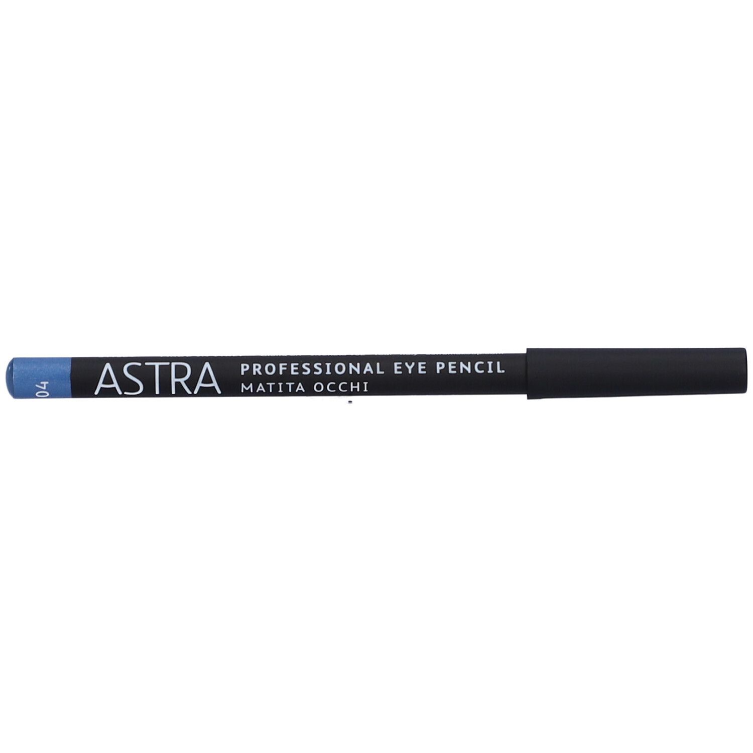 Matita occhi blu. Fusto nero con scritte bianche. Marchio ASTRA. Scritta: PROFESSIONAL EYE PENCIL MATITA OCCHI. Codice colore 04.