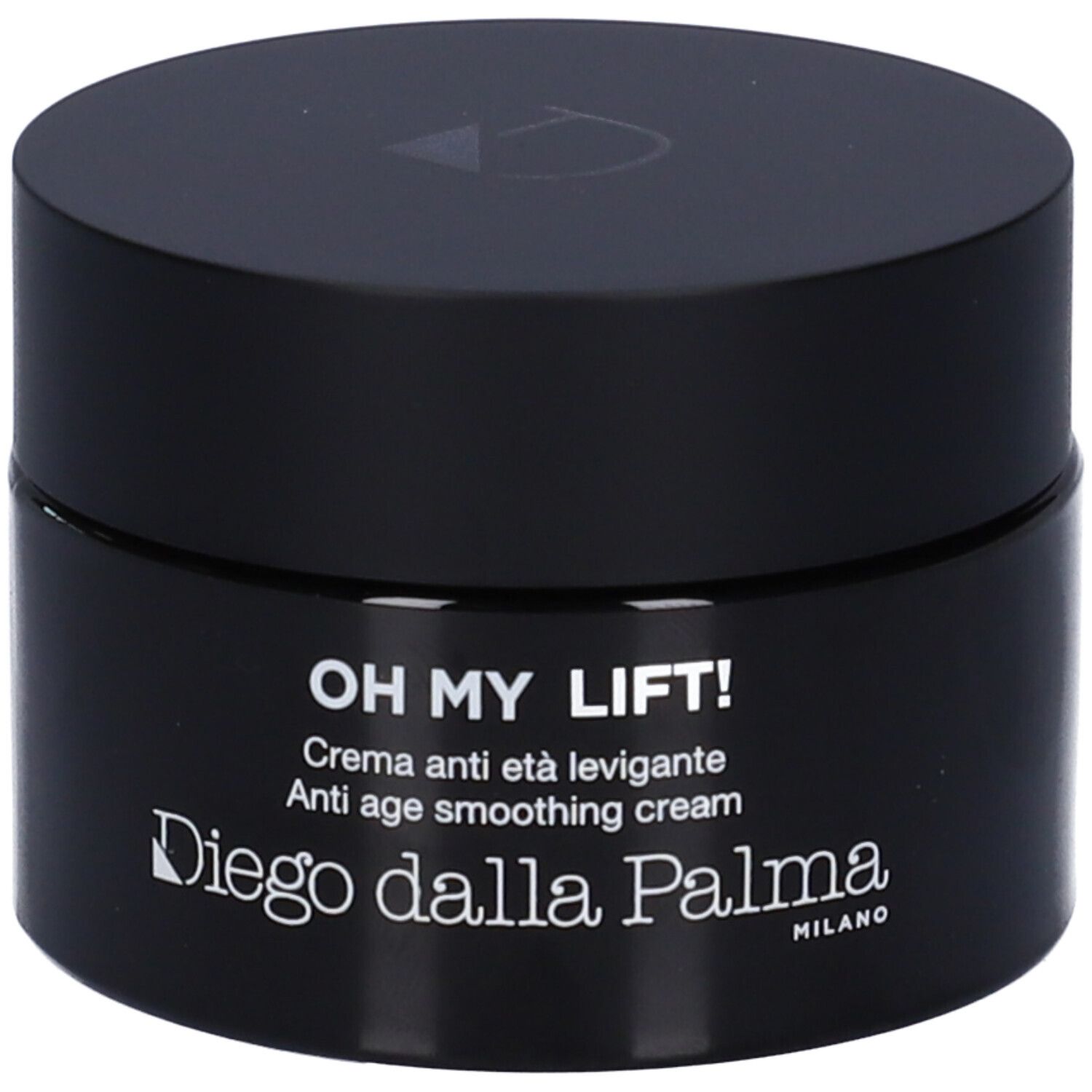 Vaso nero con coperchio. Scritta: OH MY LIFT!, Crema anti età levigante, Diego dalla Palma Milano.