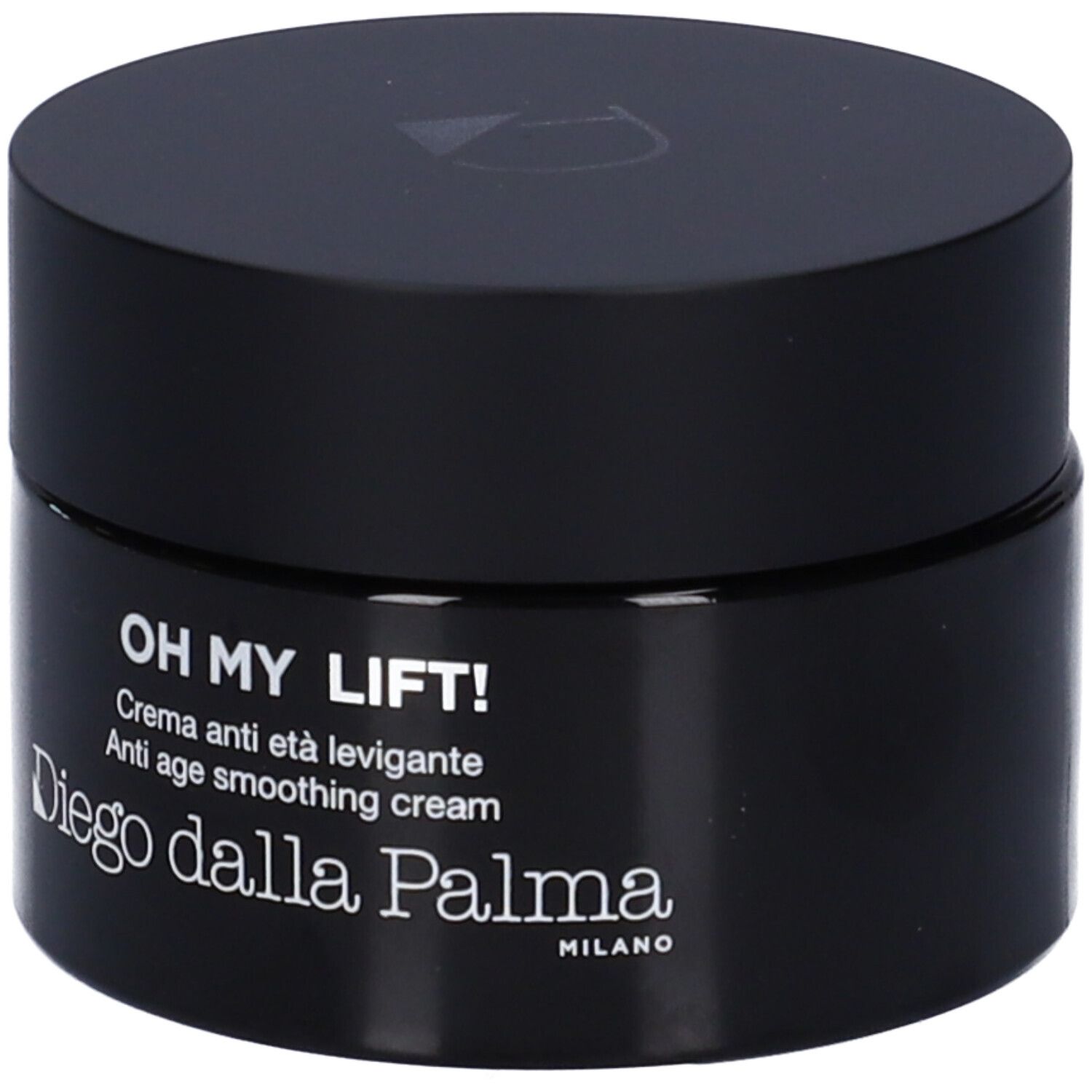 Vaso nero con coperchio. Scritta: OH MY LIFT!, Crema anti età levigante, Diego dalla Palma Milano.