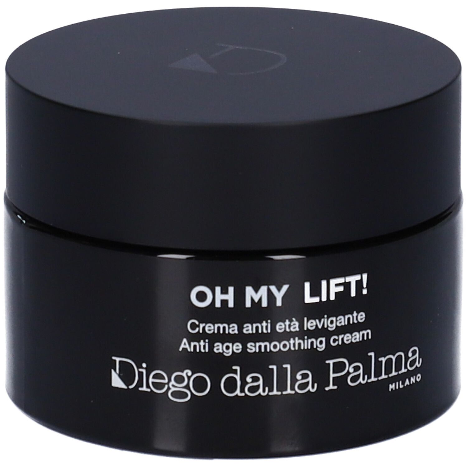 Vaso nero con coperchio. Scritta: OH MY LIFT!, Crema anti età levigante, Diego dalla Palma Milano.