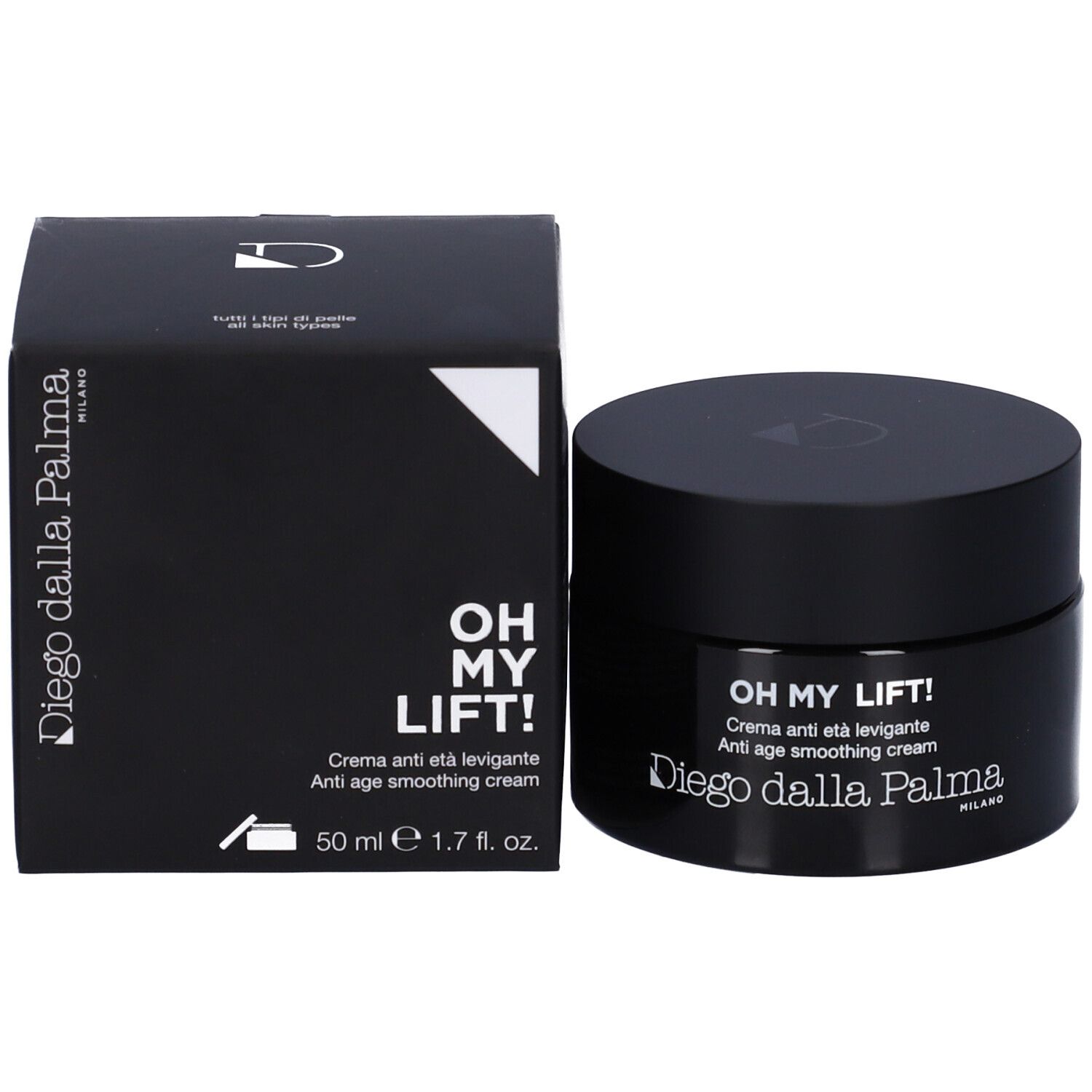 Vaso e scatola neri. Scritta: OH MY LIFT!, Crema anti età levigante, Diego dalla Palma Milano. 50 ml/1.7 fl. oz.