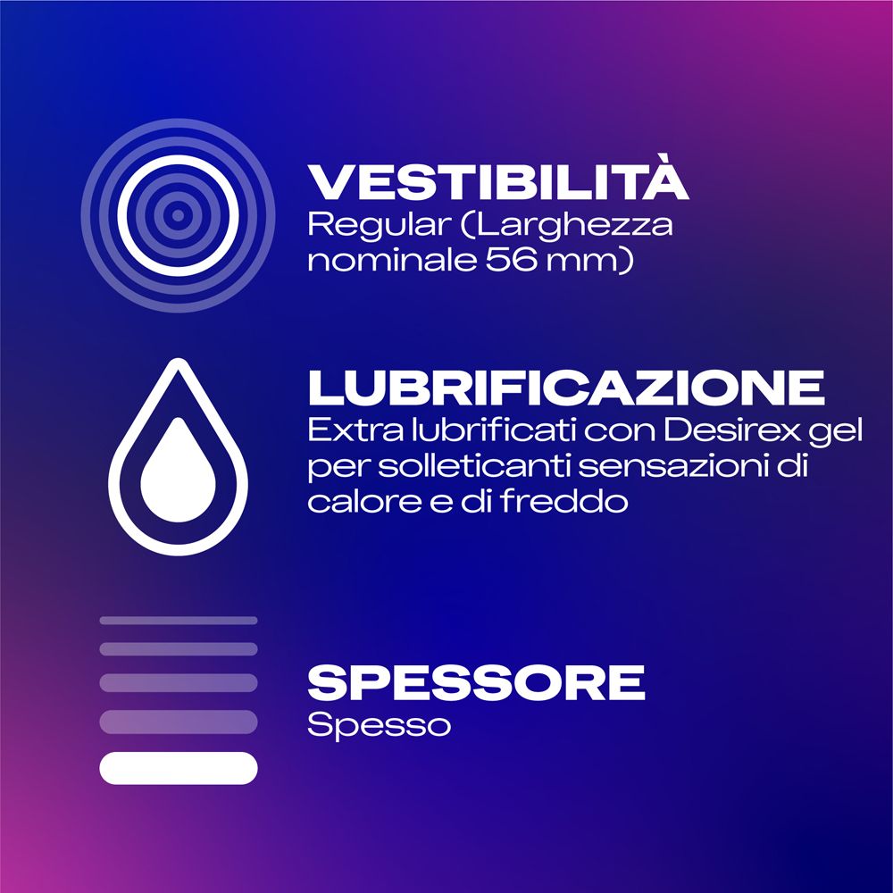 Drei Icons: Passform Regular (56 mm), extra Gleitmittel, dick.