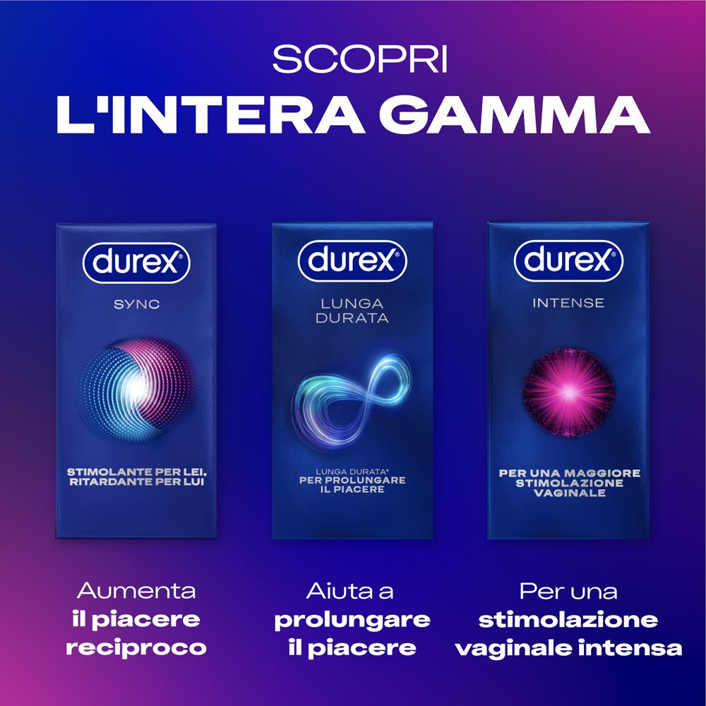 Drei Durex Kondompackungen: Sync, Lunga Durata, Intense. Blaue Packungen mit Produktabbildungen und Text.