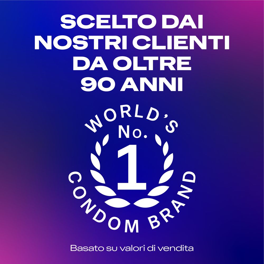 Text 'SCELTO DAI NOSTRI CLIENTI DA OLTRE 90 ANNI' und 'World's No. 1 Condom Brand'.