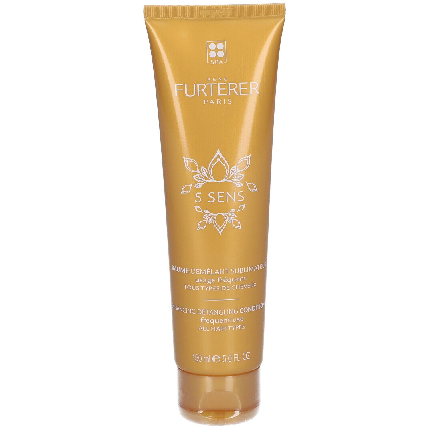 Goldfarbene Tube. Aufschrift: Rene Furterer, 5 SENS. Balsam für alle Haartypen. 150 ml.