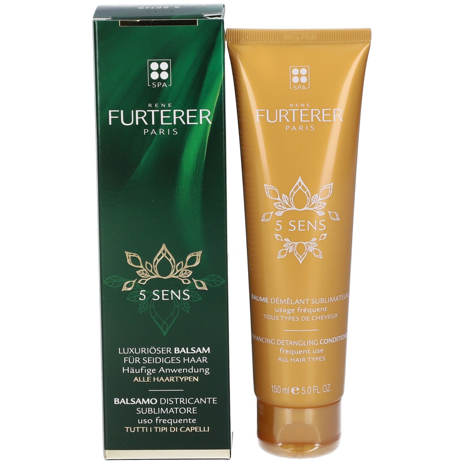 Produkt und Verpackung. Goldfarbene Tube und grüne Schachtel. Aufschrift: Rene Furterer, 5 SENS.