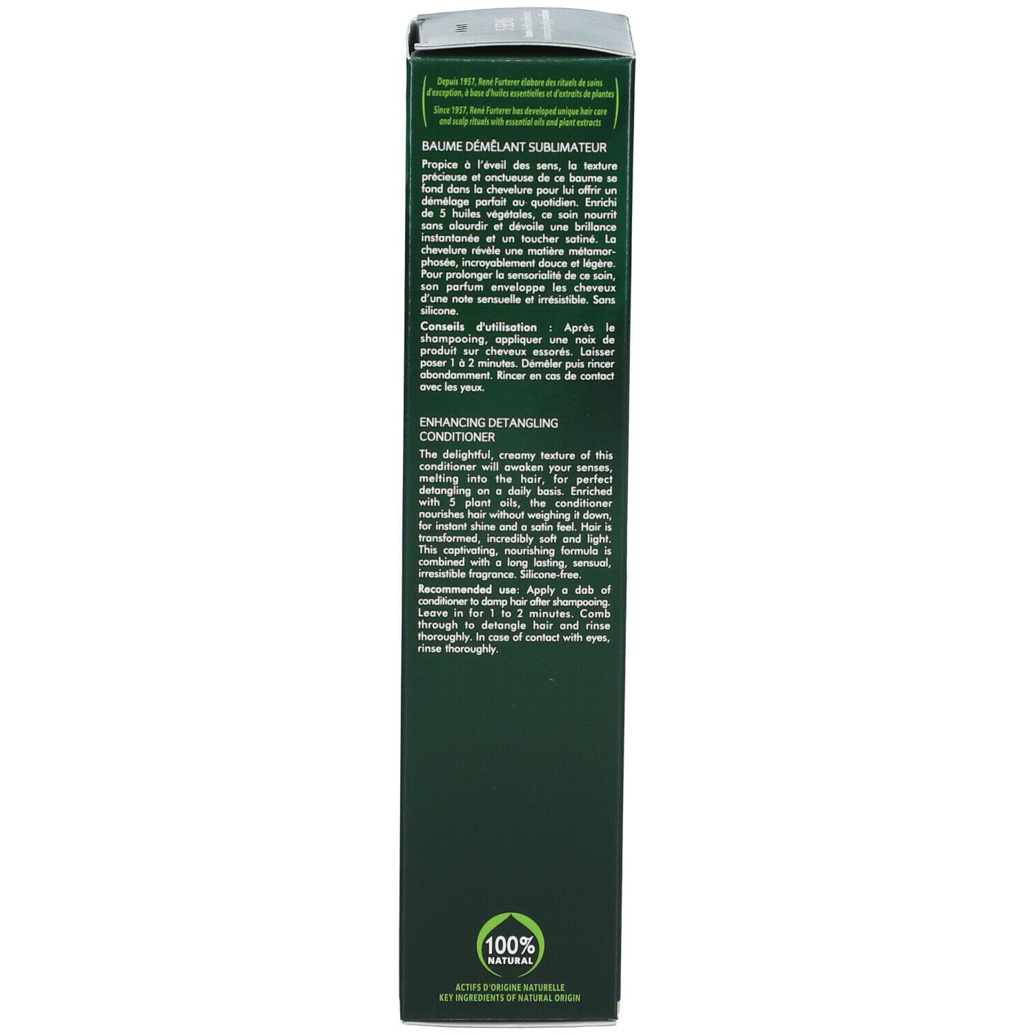 Rückseite der grünen Schachtel. Produktbeschreibung und Inhaltsstoffe. Zertifizierungslogo.
