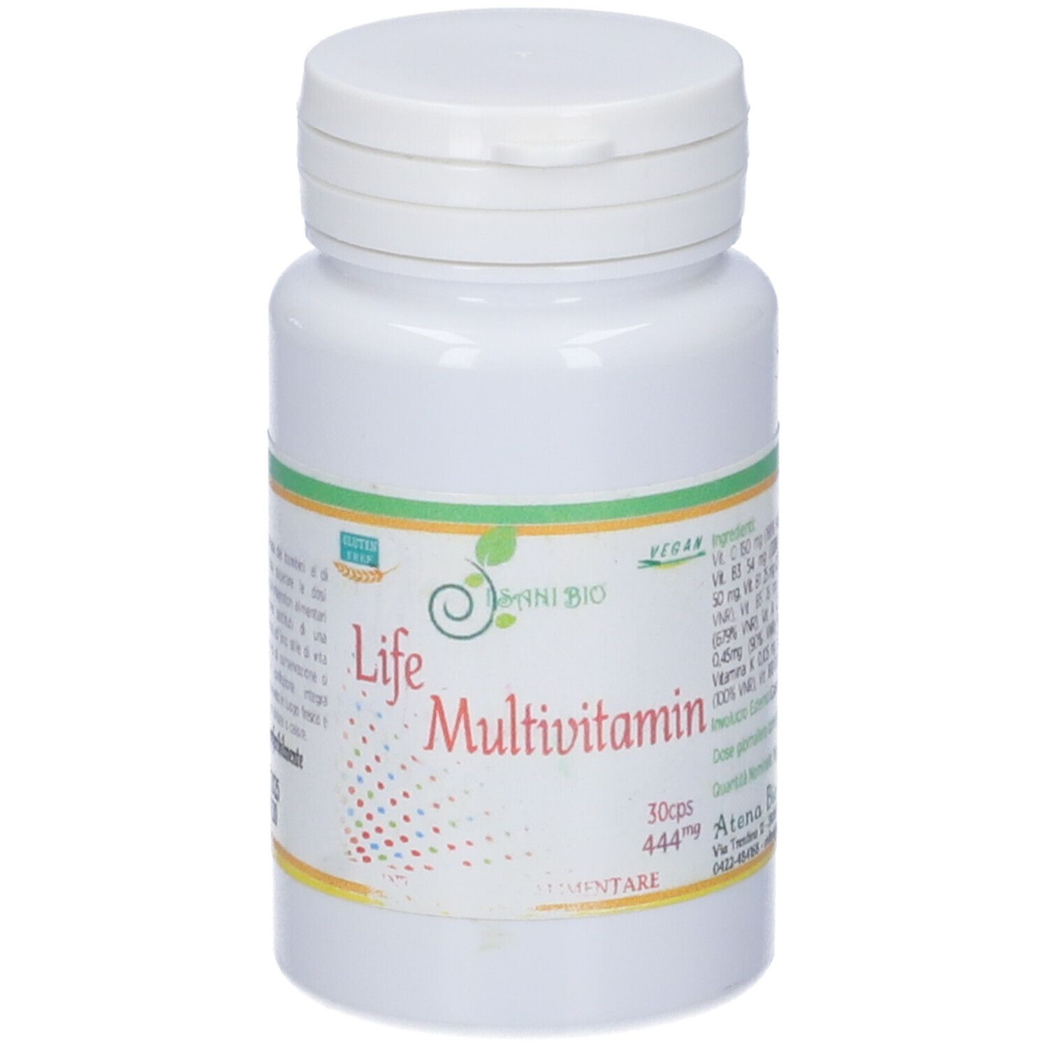Flacone bianco con etichetta Life Multivitamin. Contiene 30 capsule. Vegano.