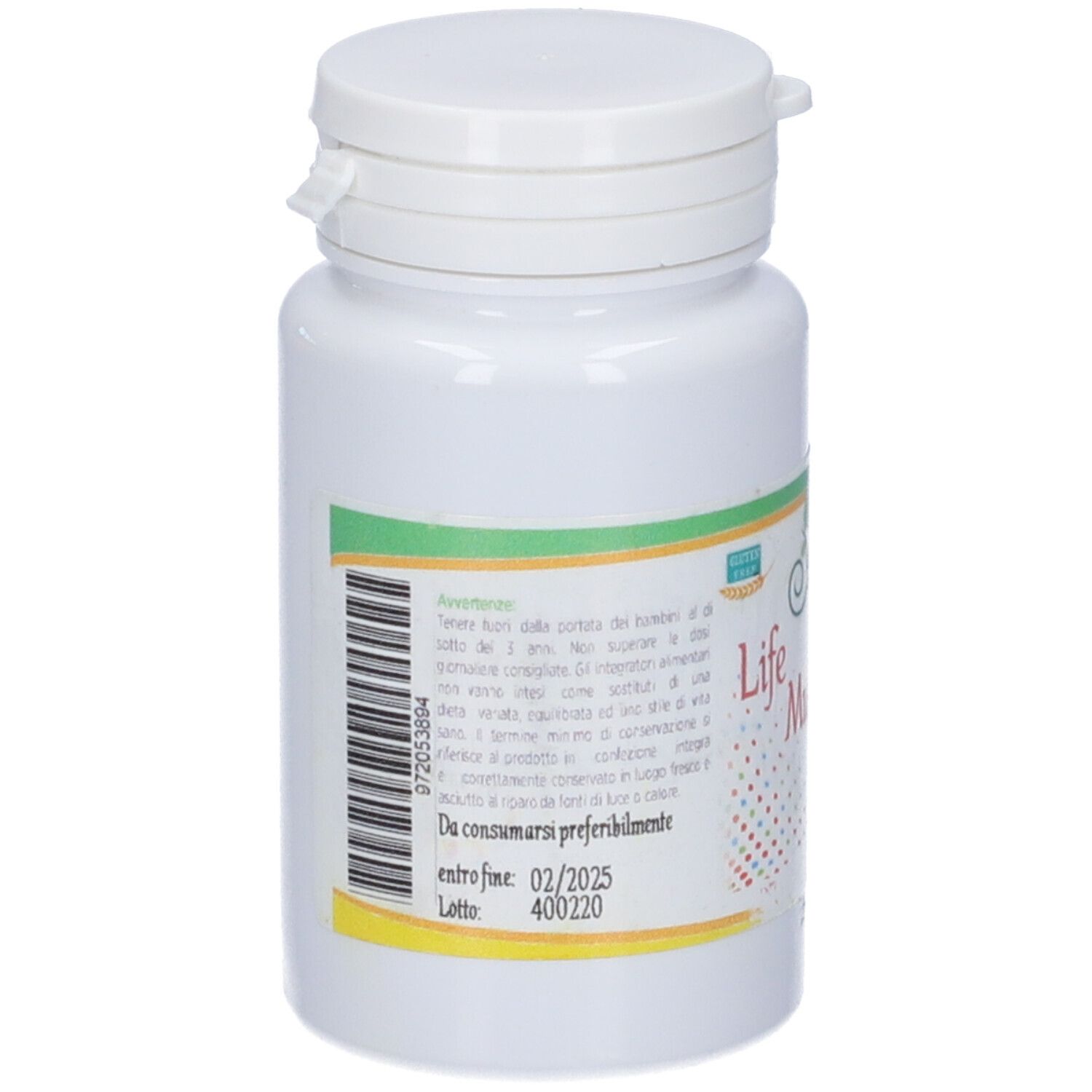 Retro del flacone bianco con codice a barre e testo. Da consumarsi preferibilmente entro 02/2025.