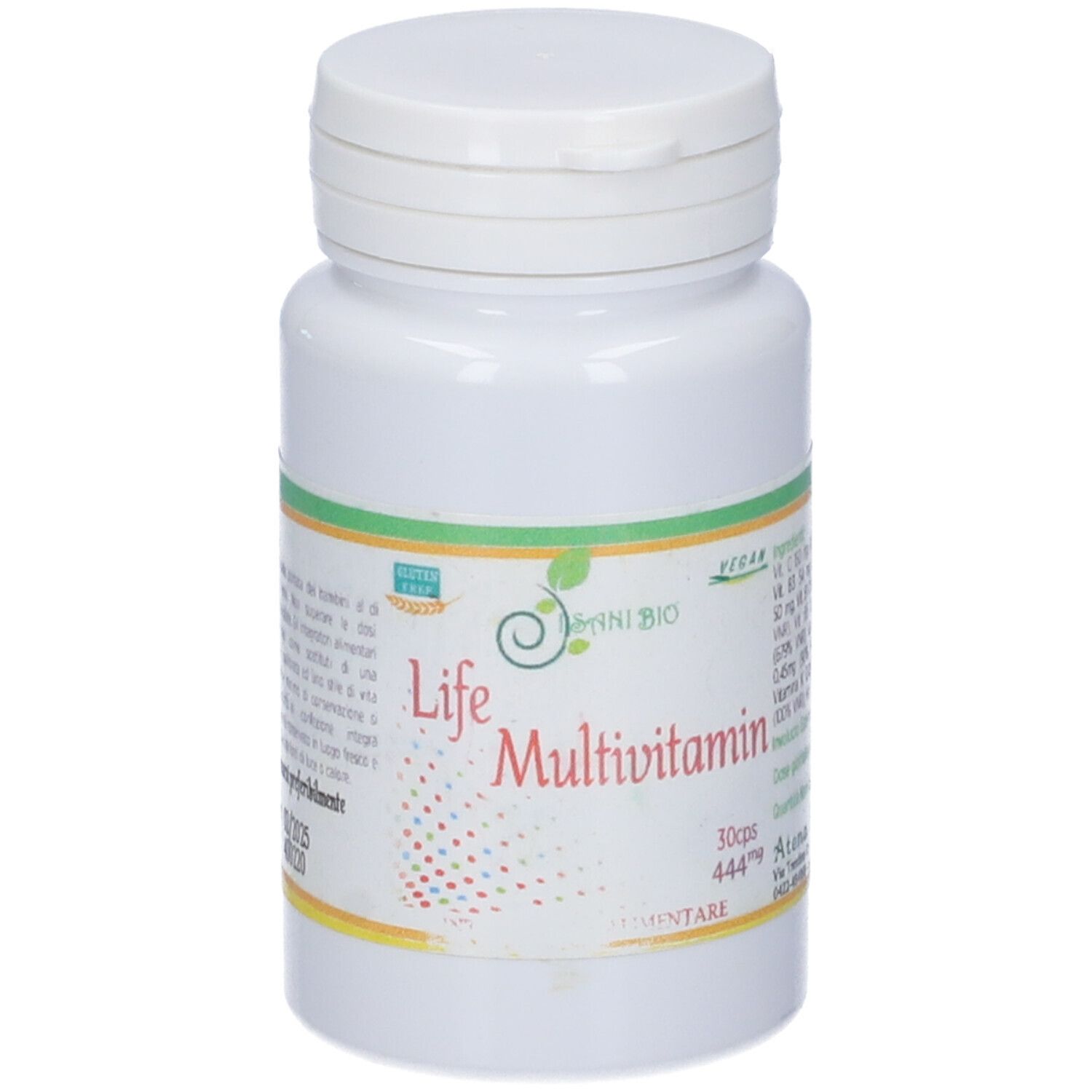 Flacone bianco con etichetta Life Multivitamin. Contiene 30 capsule. Vegano.
