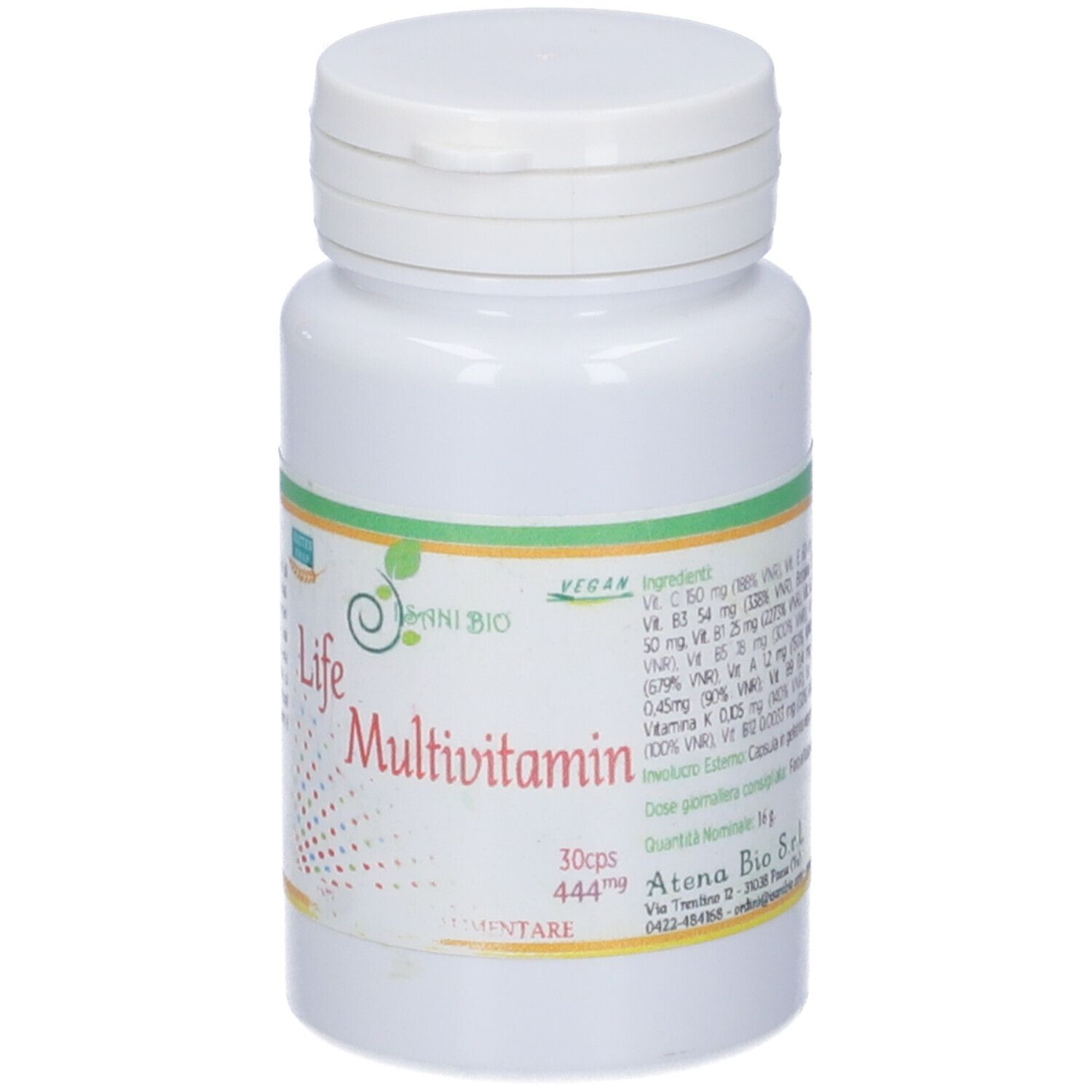 Flacone bianco con etichetta Life Multivitamin. Contiene 30 capsule. Vegano.