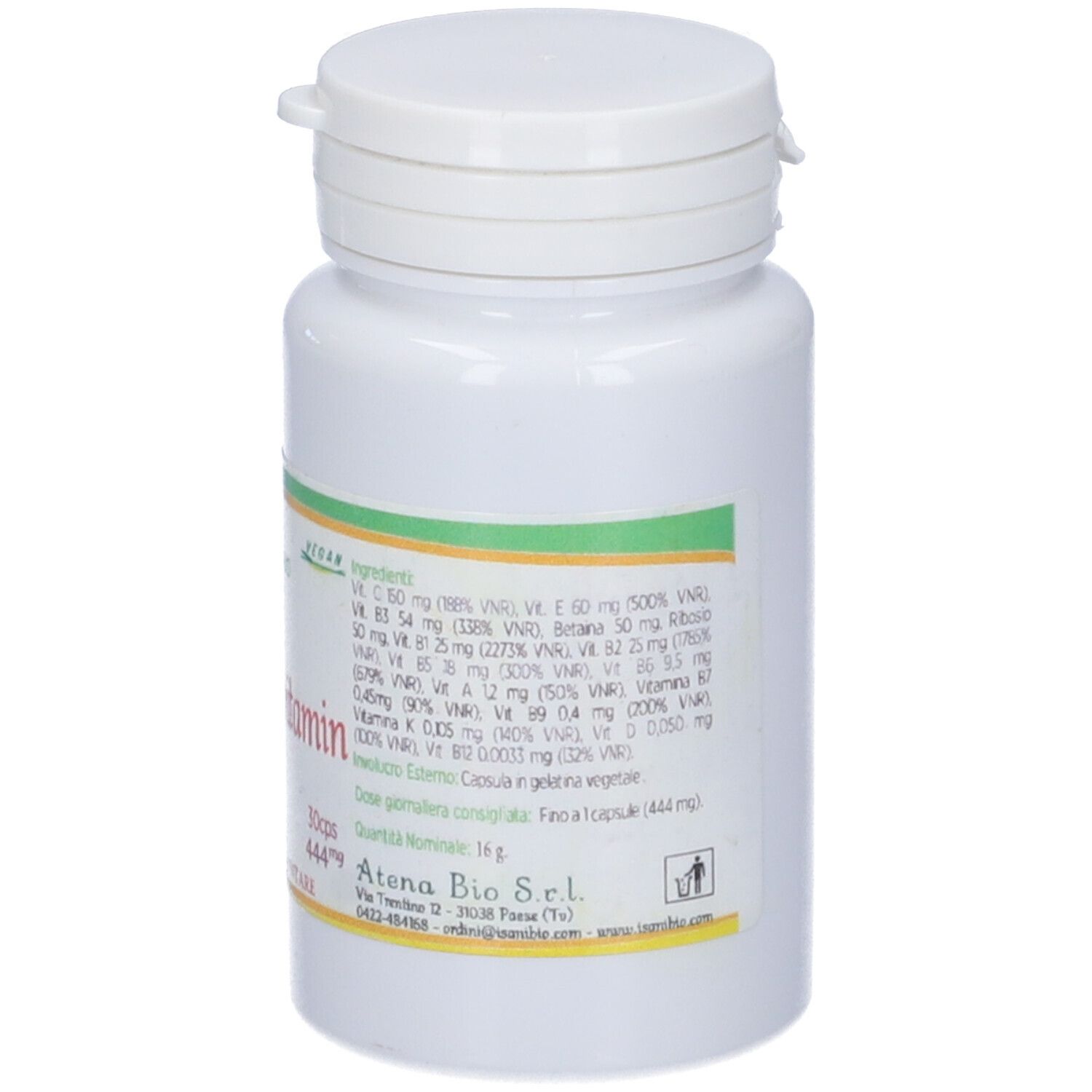 Flacone bianco con etichetta Life Multivitamin. Contiene 30 capsule. Vegano.