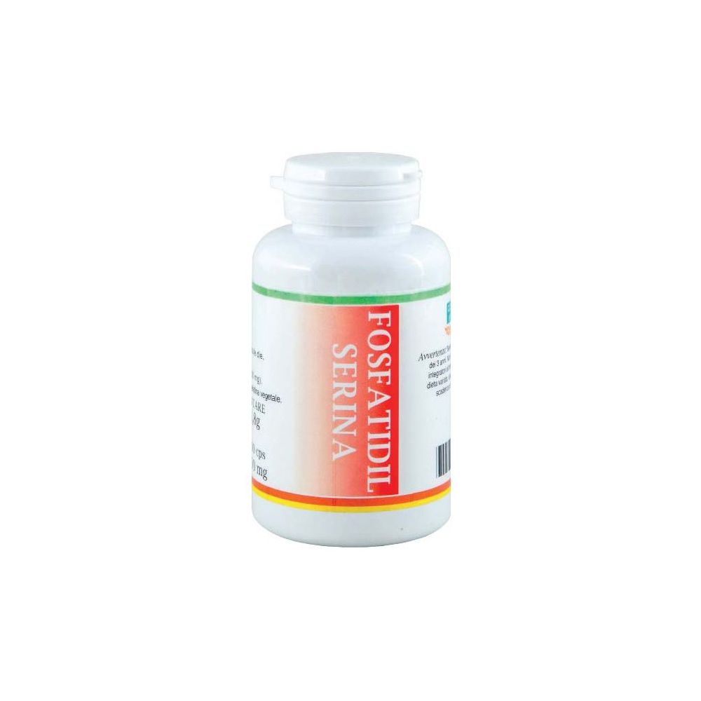Flacone bianco con capsule. Scritta: Fosfatidil Serina. Striscia rossa e gialla.