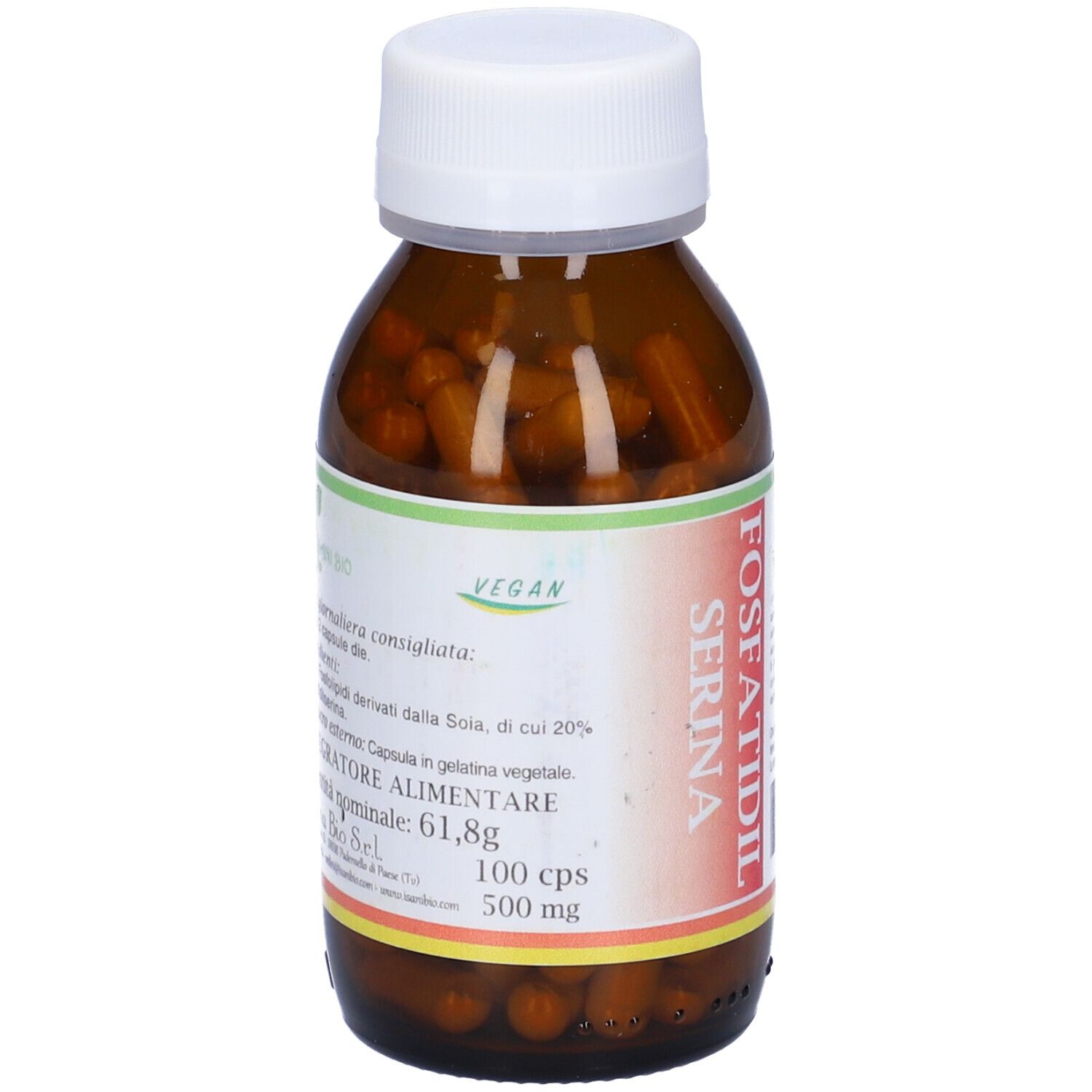 Flacone di vetro marrone con capsule. Scritta: Fosfatidil Serina. Sigillo vegano. 100 cps 500 mg.