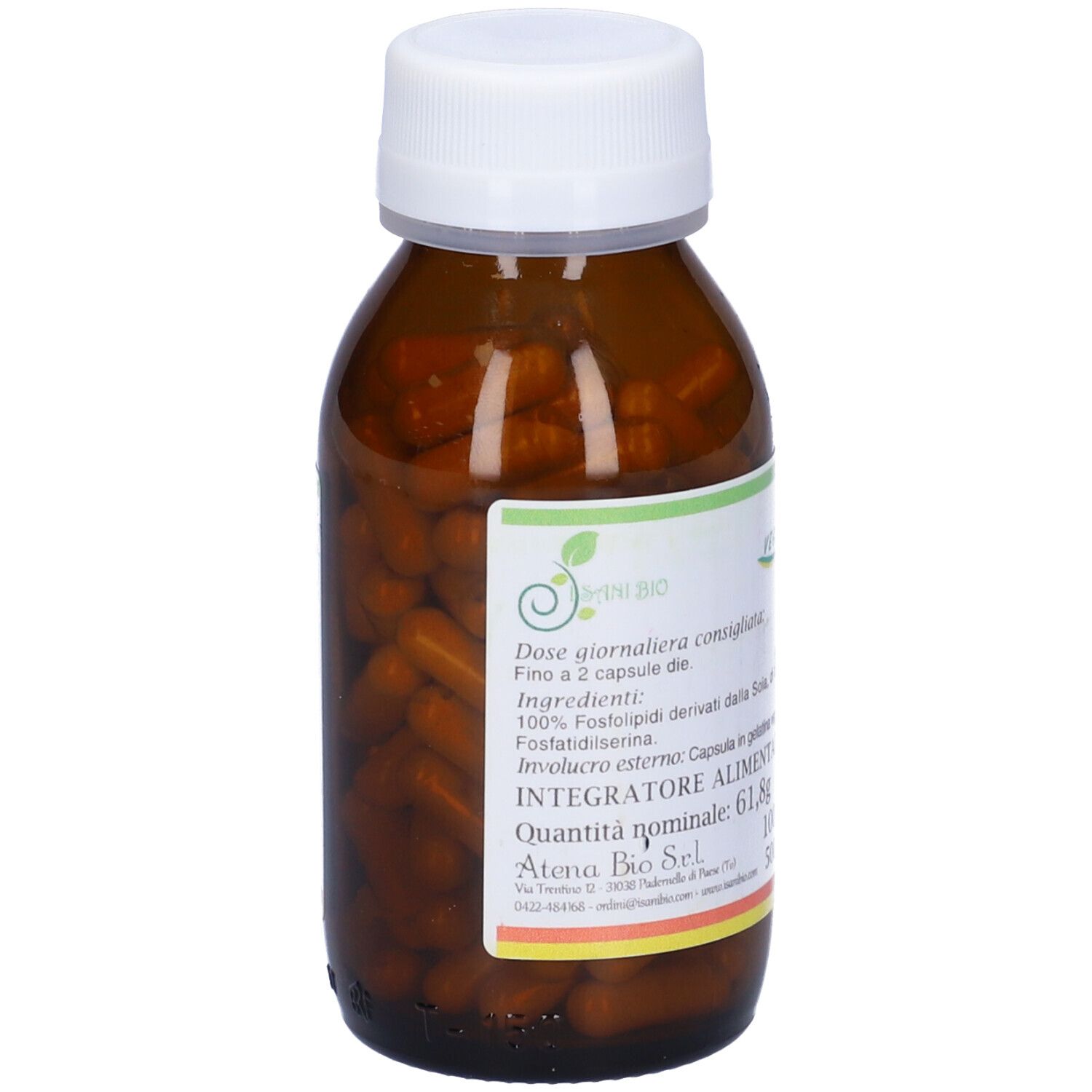 Flacone di vetro marrone con capsule. Scritta: Fosfatidil Serina. Sigillo vegano. 100 cps 500 mg.