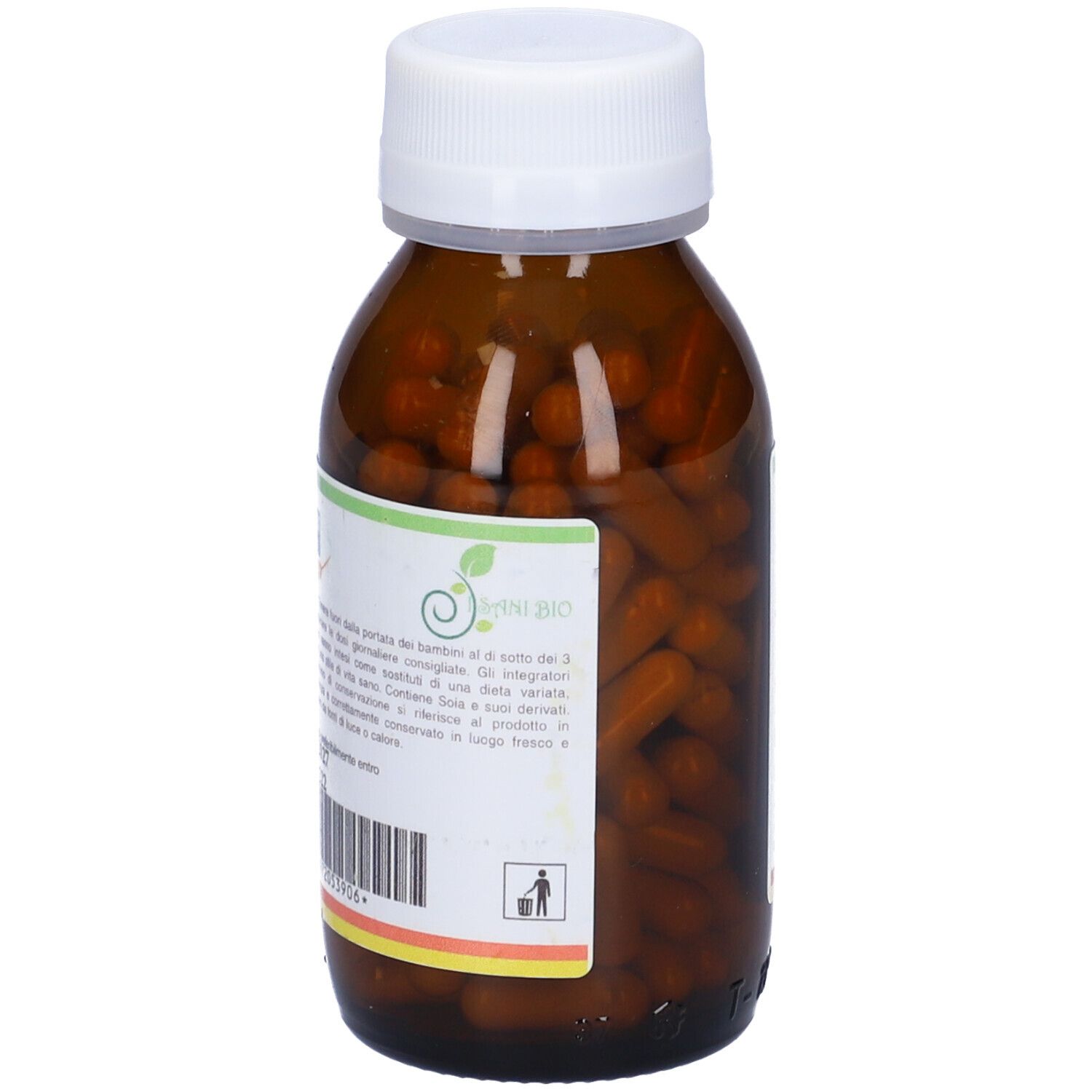 Flacone di vetro marrone con capsule. Scritta: Fosfatidil Serina. Sigillo vegano. 100 cps 500 mg.
