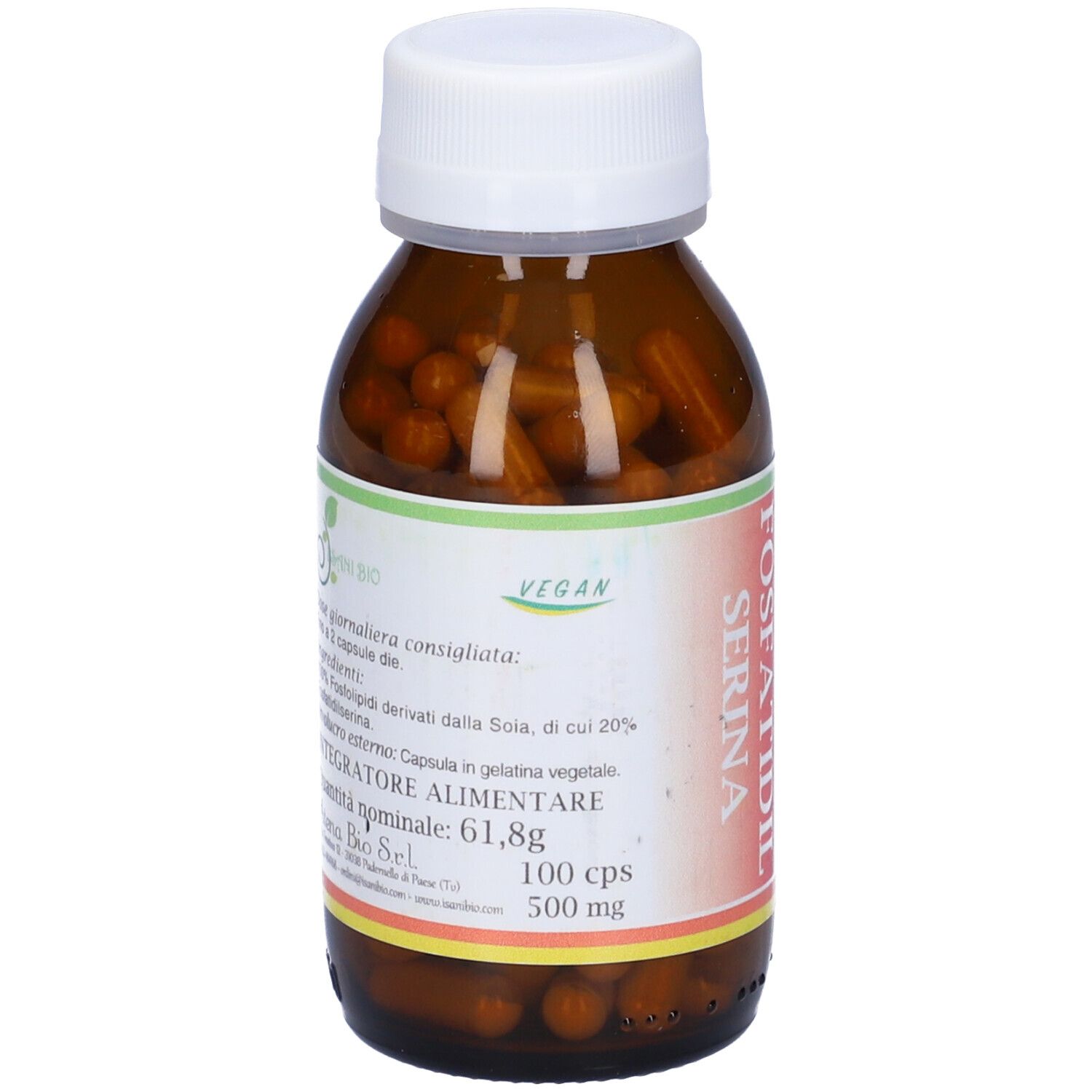 Flacone di vetro marrone con capsule. Scritta: Fosfatidil Serina. Sigillo vegano. 100 cps 500 mg.