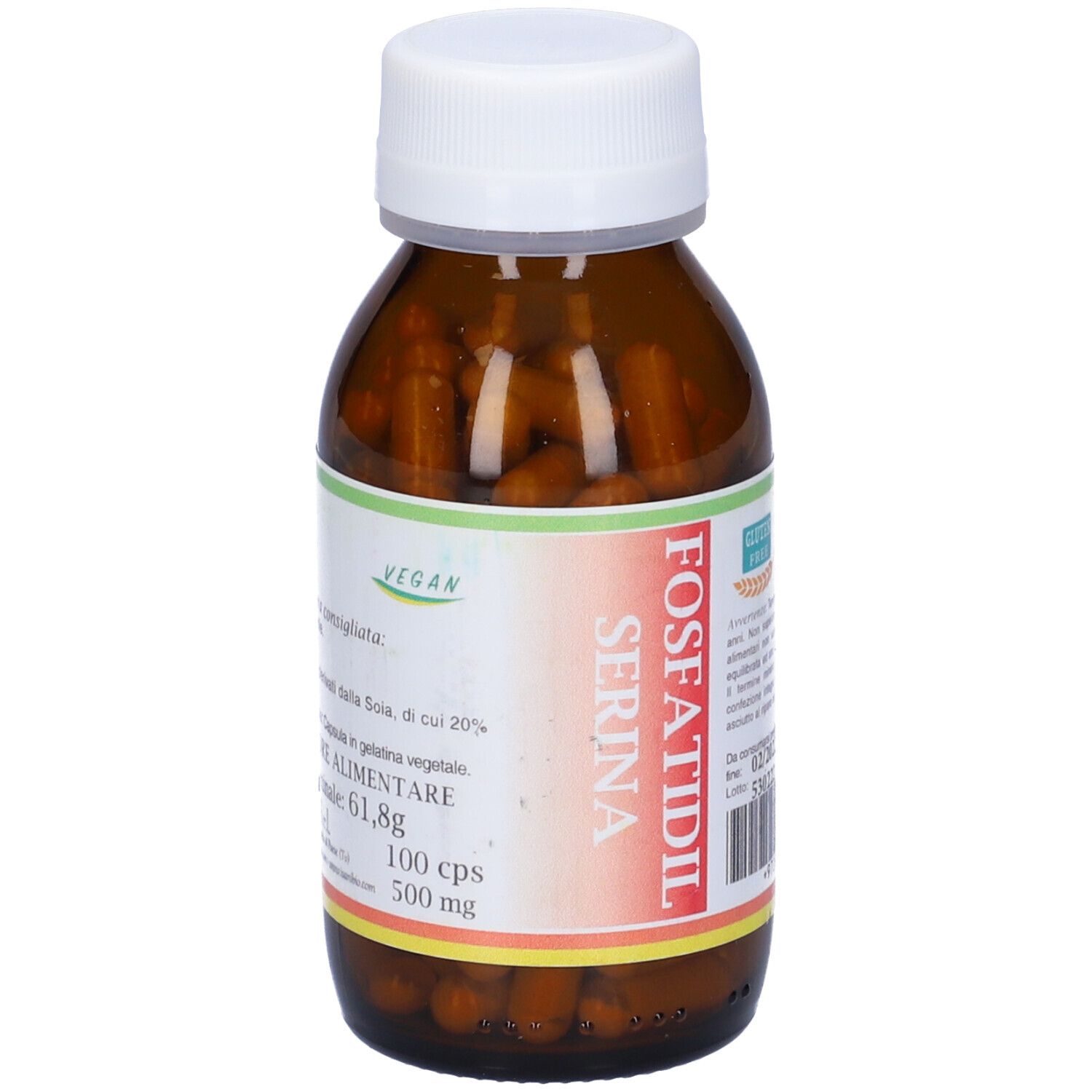 Flacone di vetro marrone con capsule. Scritta: Fosfatidil Serina. Sigillo vegano. 100 cps 500 mg.