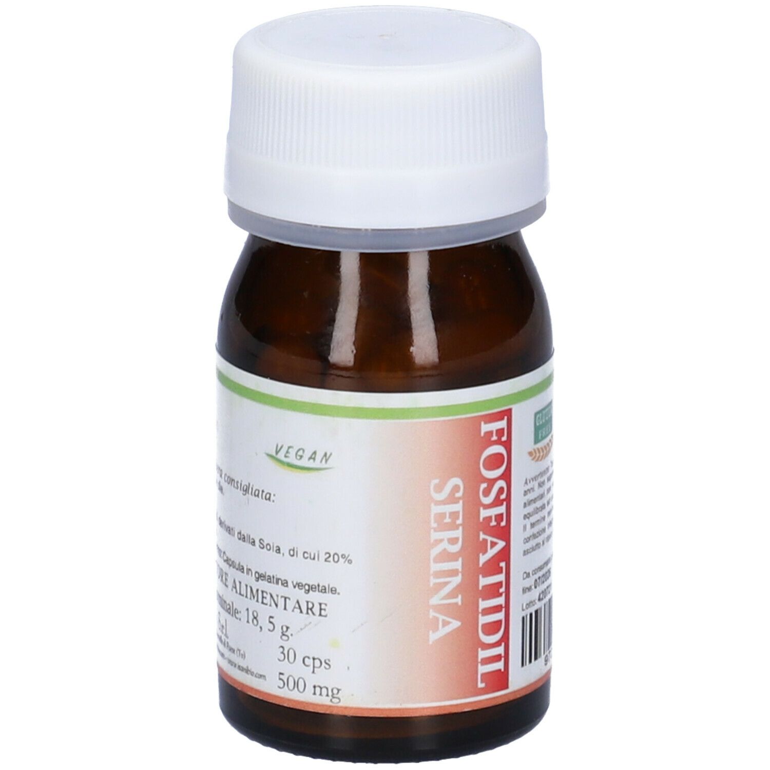 Flacone di vetro marrone con tappo bianco. Scritta: Fosfatidil Serina. Sigillo vegano. Testo sull'etichetta: Integratore Alimentare.