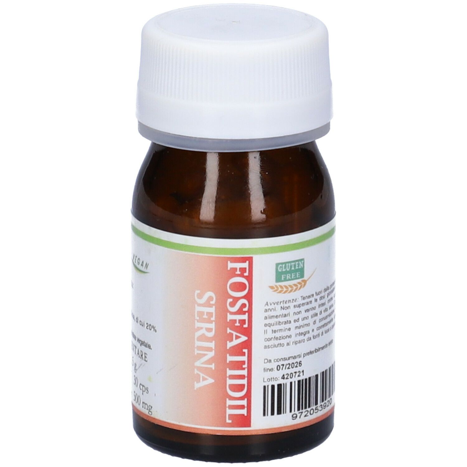 Flacone di vetro marrone con tappo bianco. Scritta: Fosfatidil Serina. Sigillo senza glutine. Codice a barre e testo sull'etichetta.