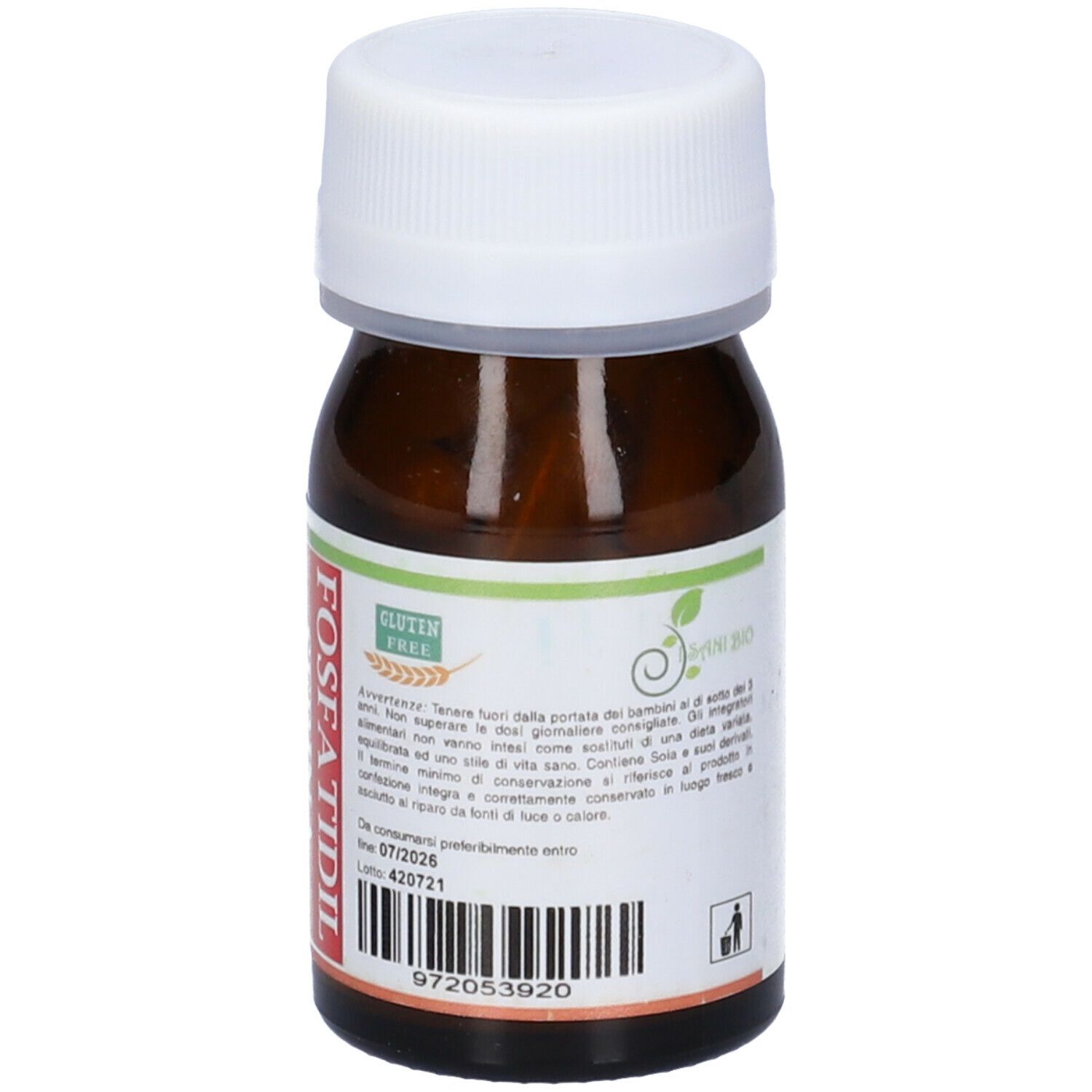 Flacone di vetro marrone con tappo bianco. Scritta: Fosfatidil Serina. Sigillo senza glutine. Codice a barre e testo sull'etichetta.