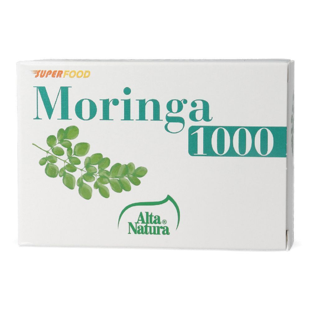 Scatola bianca con stampa verde. Scritta: Moringa 1000, Superfood, disegno foglie, logo Alta Natura.
