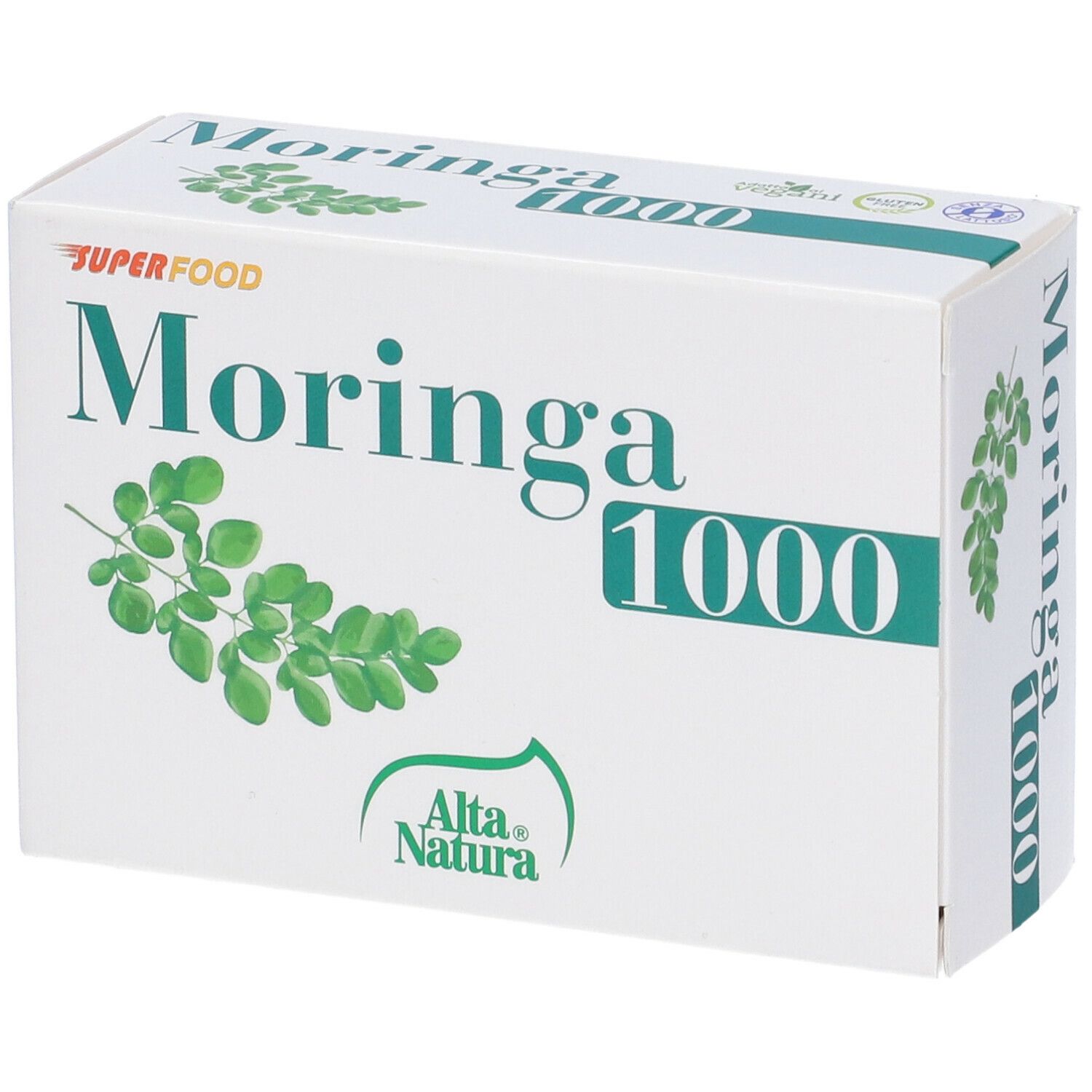 Scatola con stampa verde. Scritta: Moringa 1000, Superfood, disegno foglie, logo Alta Natura. Vista prospettica.