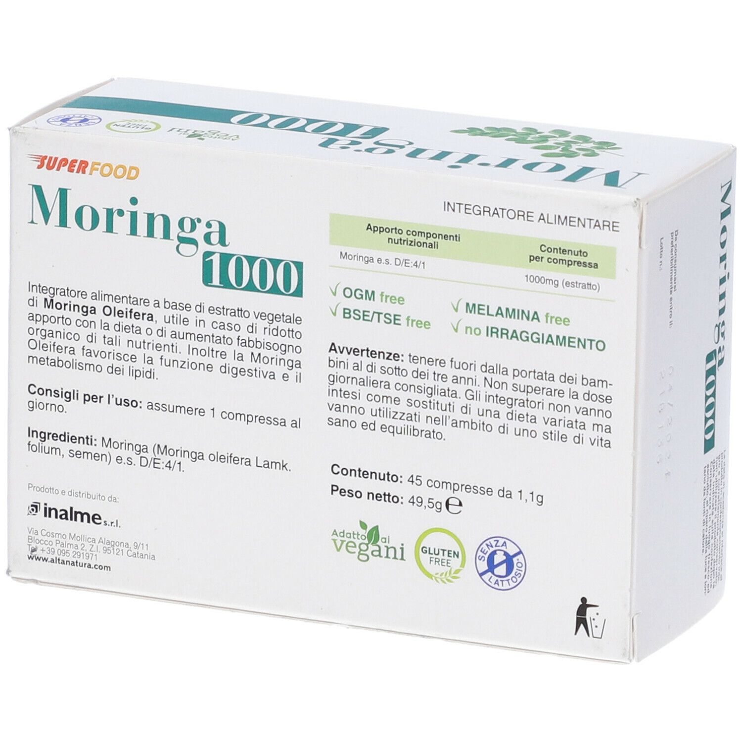 Scatola con stampa verde. Scritta: Moringa 1000, Superfood, disegno foglie, logo Alta Natura. Testo e loghi.