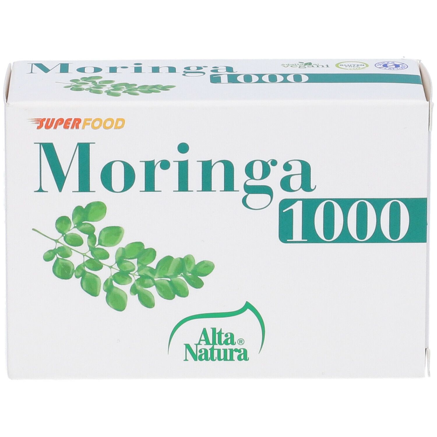 Scatola bianca con stampa verde. Scritta: Moringa 1000, Superfood, disegno foglie, logo Alta Natura.