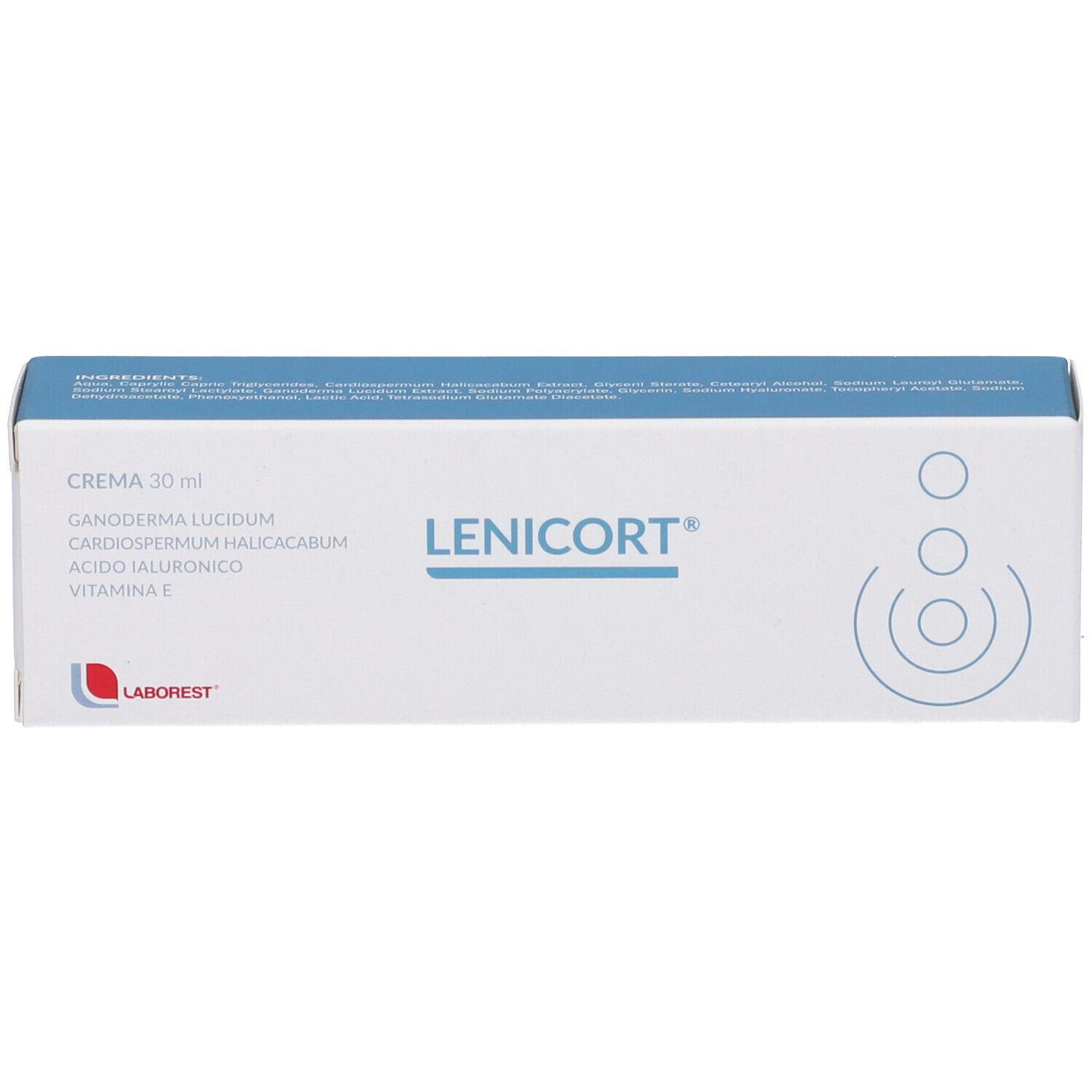 Scatola blu con testo bianco. Contiene crema. Scritta: Lenicort, 30 ml. Ingredienti e logo Laborest.