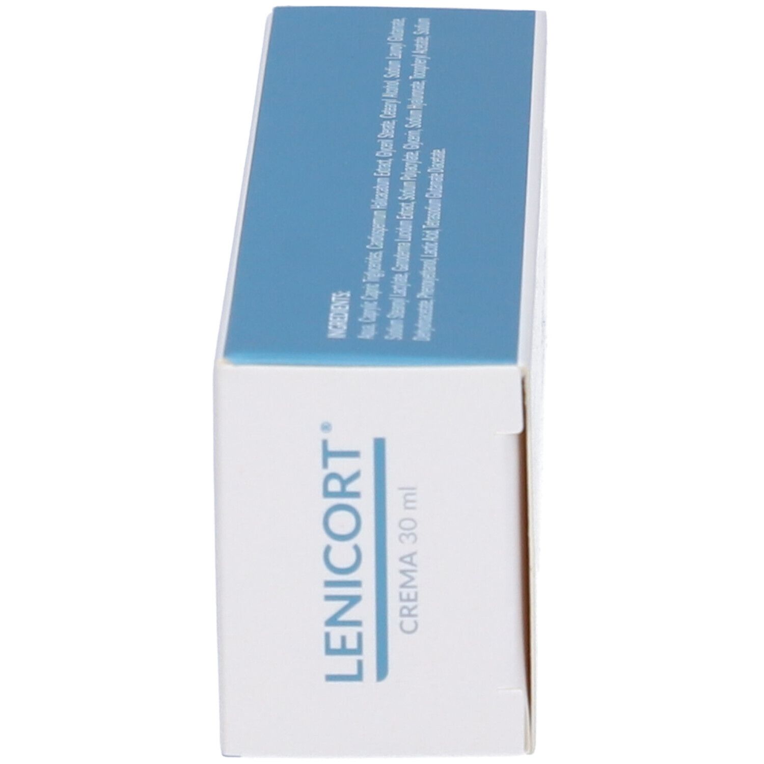 Scatola blu, vista laterale. Scritta: Lenicort, 30 ml. Ingredienti e logo Laborest. Forma quadrata.