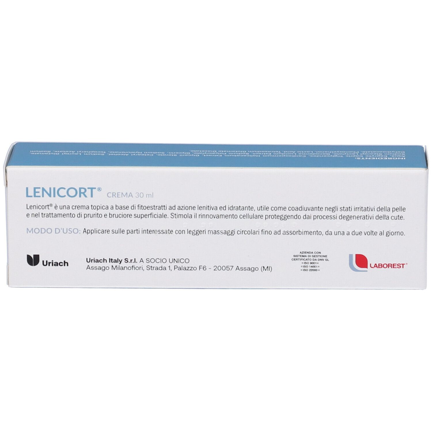 Scatola blu con testo. Scritta: Lenicort Crema, 30 ml. Istruzioni per l'uso e informazioni del produttore. Logo Laborest.