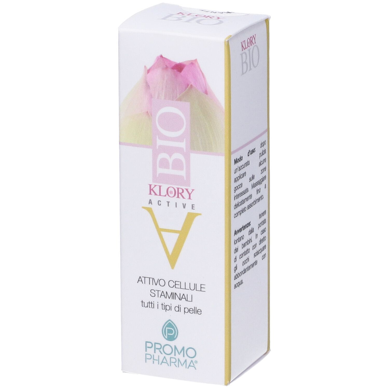 Confezione Bioklory Attivo Cellule Staminali Vegetali. Bianca, logo e informazioni. Motivo floreale rosa.