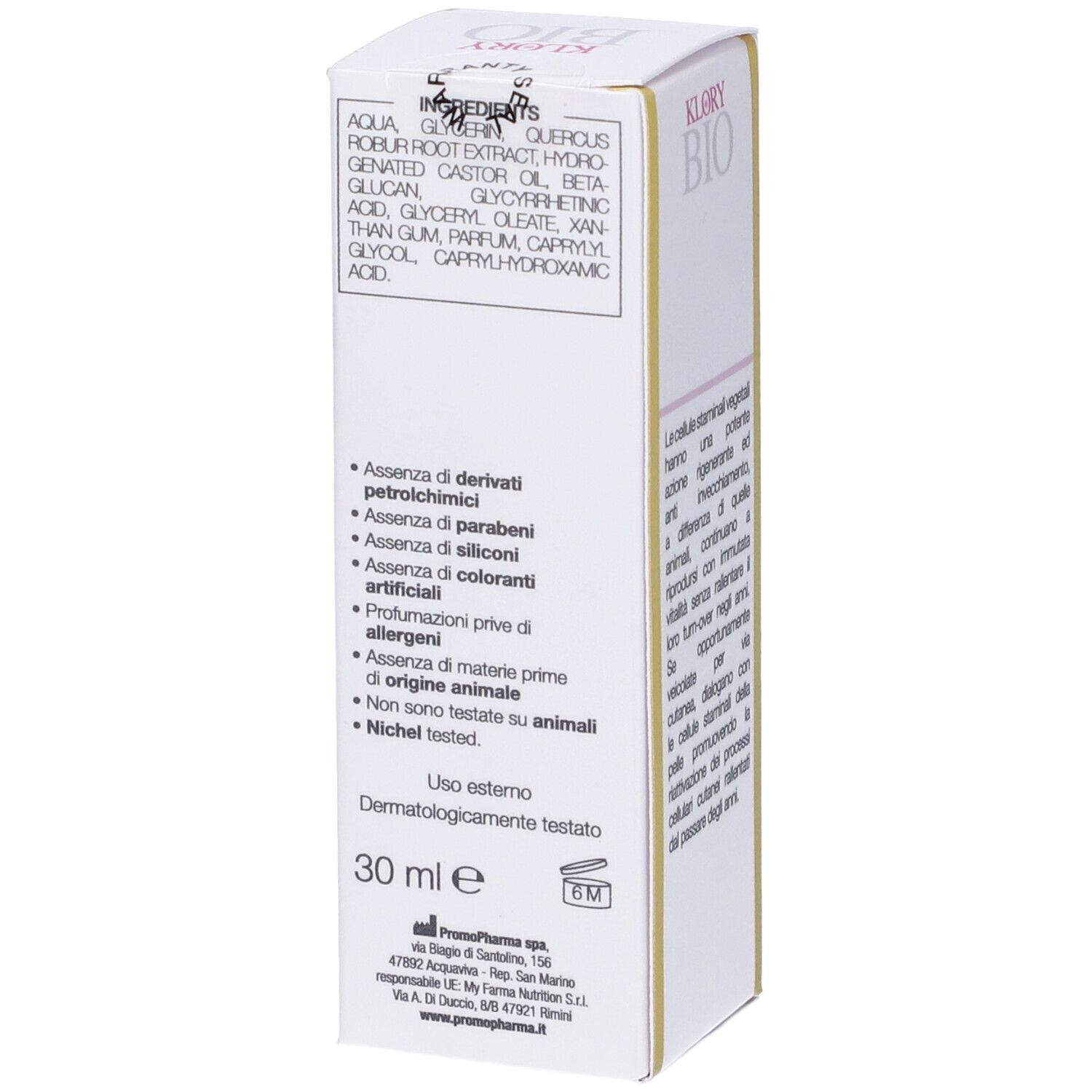 Retro confezione Bioklory Attivo Cellule Staminali Vegetali. Ingredienti, testo, 30 ml, dermatologicamente testato.
