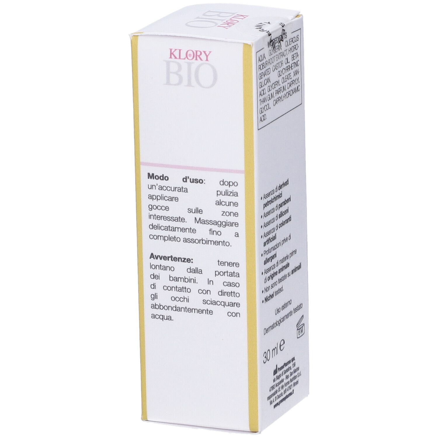Lato confezione Bioklory Attivo Cellule Staminali Vegetali. Istruzioni per l'uso e precauzioni.