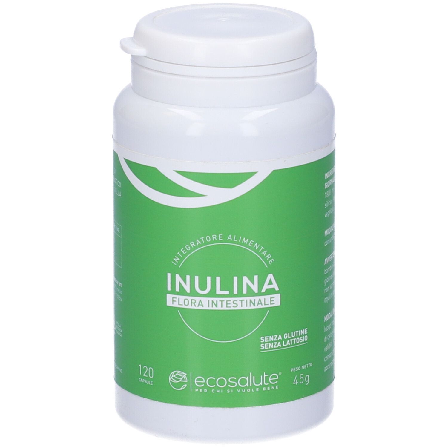 Flacone bianco con etichetta verde. Scritta: Inulina, 120 capsule. Senza glutine, senza lattosio. Marca: Ecosalute. Integratore.