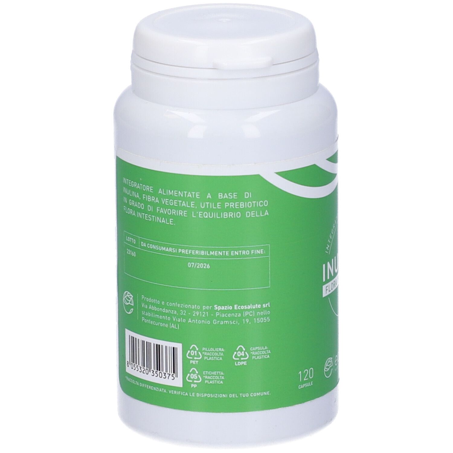 Retro del flacone bianco con etichetta verde. Testo: Inulina, 120 capsule. Informazioni produttore e data di scadenza.